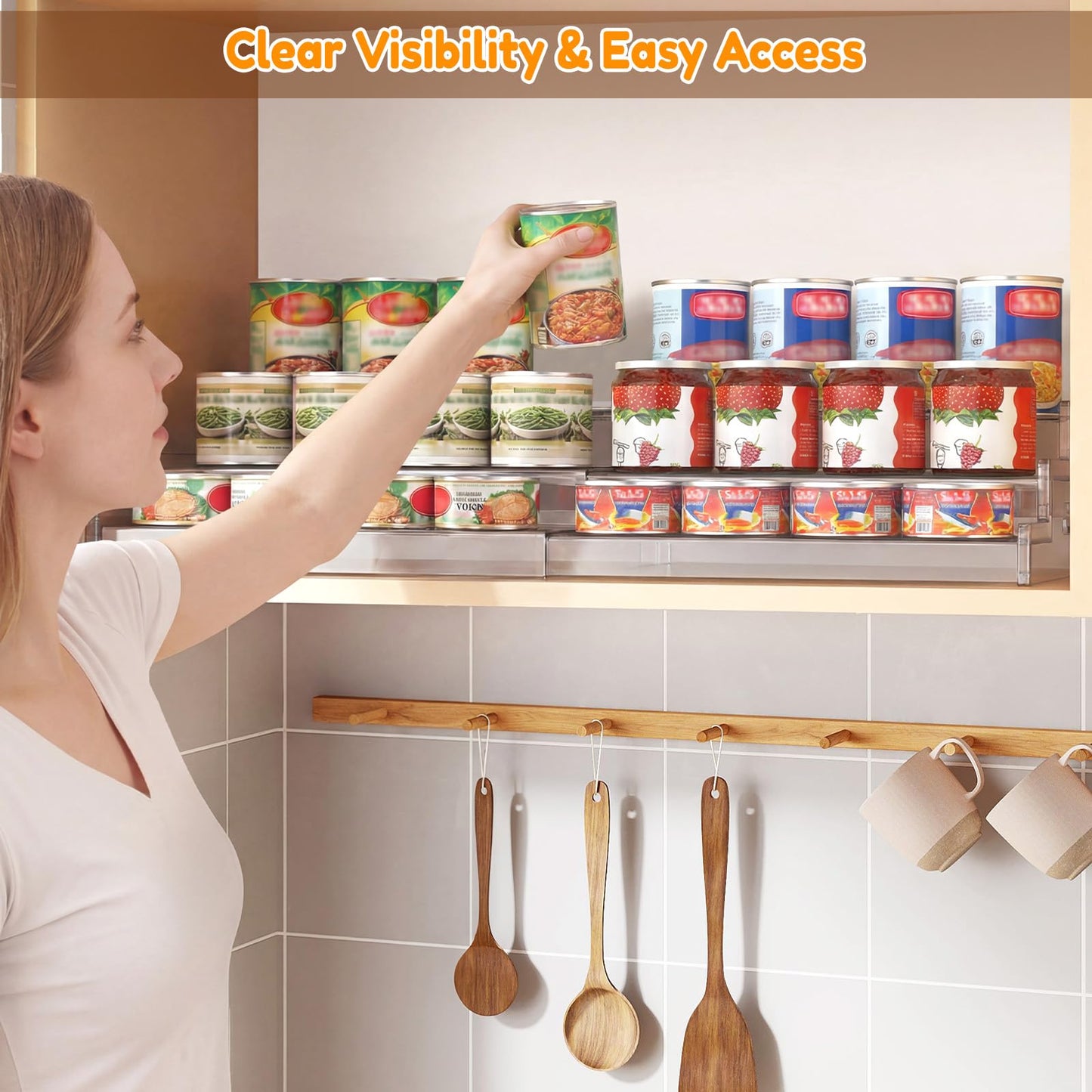 Yecuip Expandable Can Rack Organizer for Pantry, 3-Tier Adjustable Can Storage Holder, Holds Up to 24 Cans, Acrylic Canned Food Organizer for Cabinet, Countertop, Kitchen