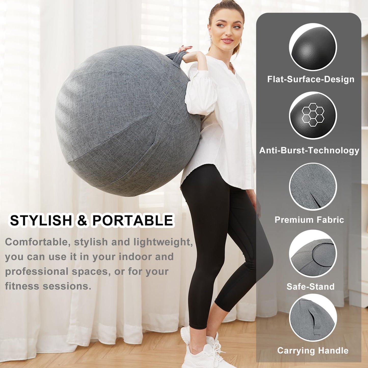 TokSay Exercise Ball Chair for Home Office - 25IN Yoga Ball with Leathaire Cover - Anti-Burst Stability Ball for Pregnancy, Balance & Active Sitting - Pump Included (Gray)