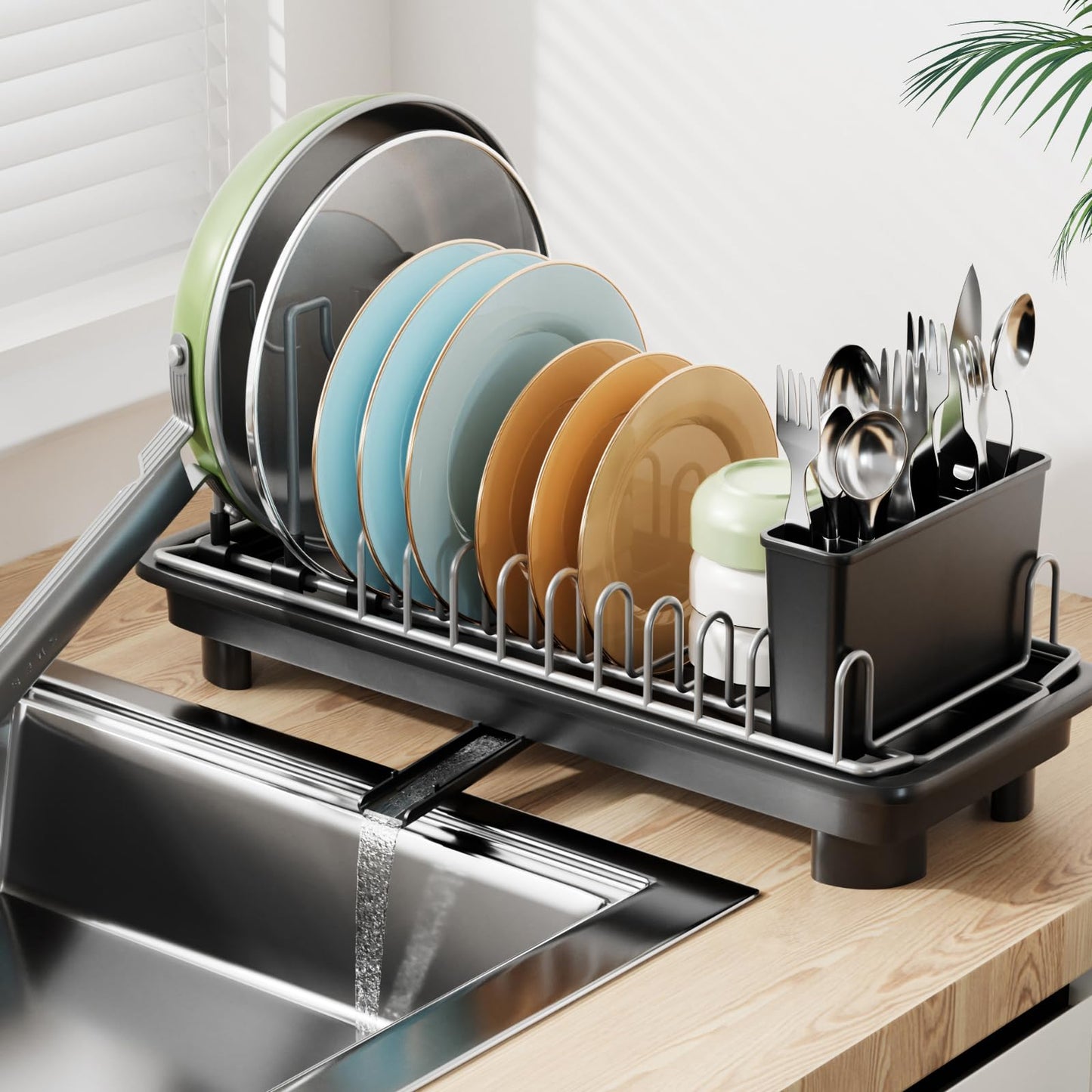 Laveshop Small Dish Drying Rack, Compact Dish Drainer for Kitchen Counter, with Adjustable Back Slots, Space-Saving for Small Kitchens, Black