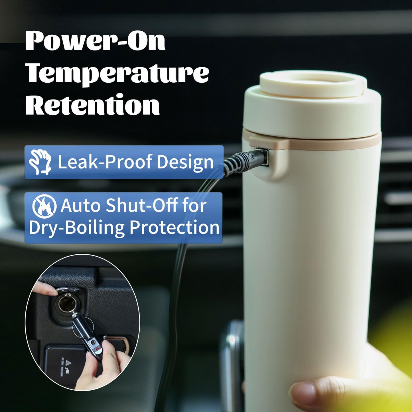 Car Electric Kettle 12V/24V Dual Voltage, Portable Travel Electric Kettle for Road Trips, Mini Small Water Boiler with 4 Temp Control, 316 Stainless Steel,16oz(Beige)