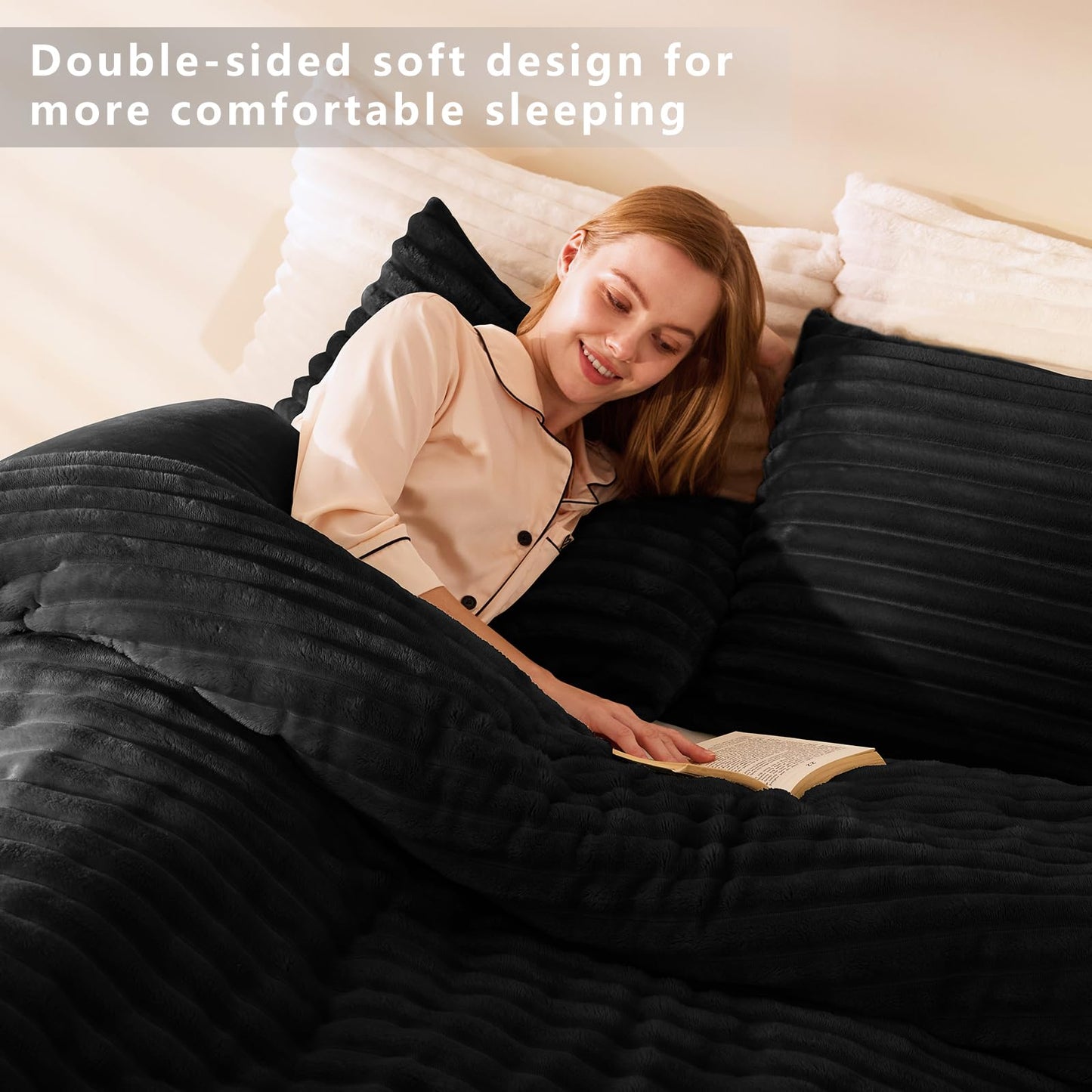 CozyLux Fluffy Queen Comforter Set - Super Soft Faux Fur Black Comforter Queen Size, Winter Warm Fleece Bedding Set, 3 Pieces Plush Fuzzy Bed Set (1 Shaggy Comforter, 2 Pillowcases)