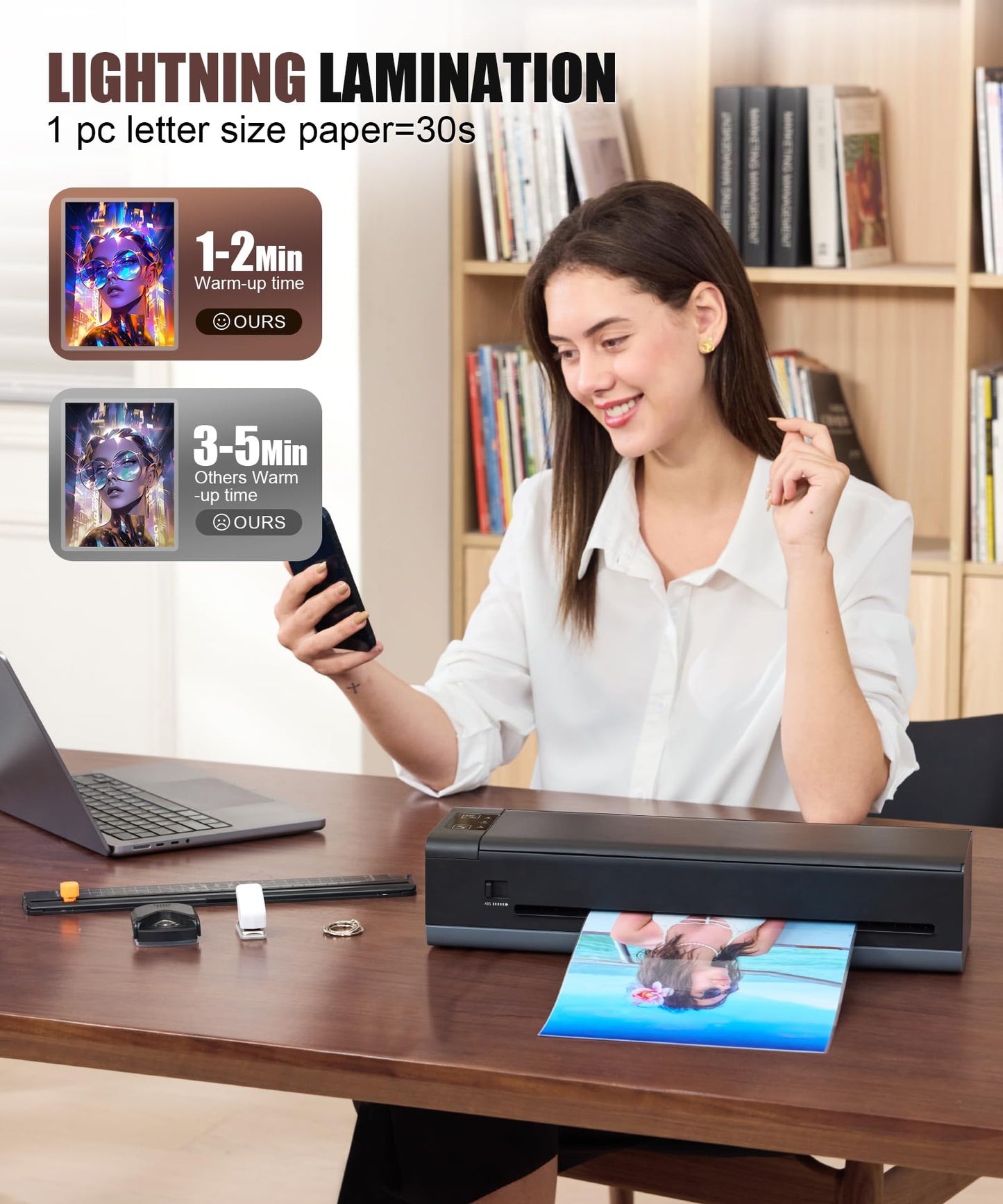 13 Inch Laminator Machine, A-3 9-in-1 Thermal Laminator with Sheets for Hot & Cold Laminating Machine, Features Fast 60-Sec Warm Technology and Never-Jam Design for Home,Office,or School Use (Black)