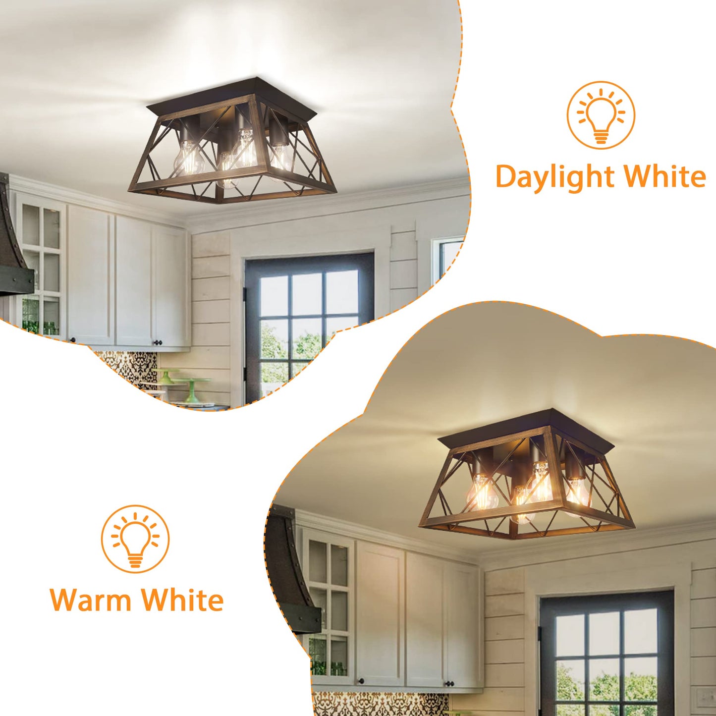 FadimiKoo Flush Mount Ceiling Light Fixtures for Kitchen Hallway, 4-Light Close to Ceiling Lighting, Industrial Farmhouse Square Cage Ceiling Lamp for Dining Room, Living Room, Bulb Not Included