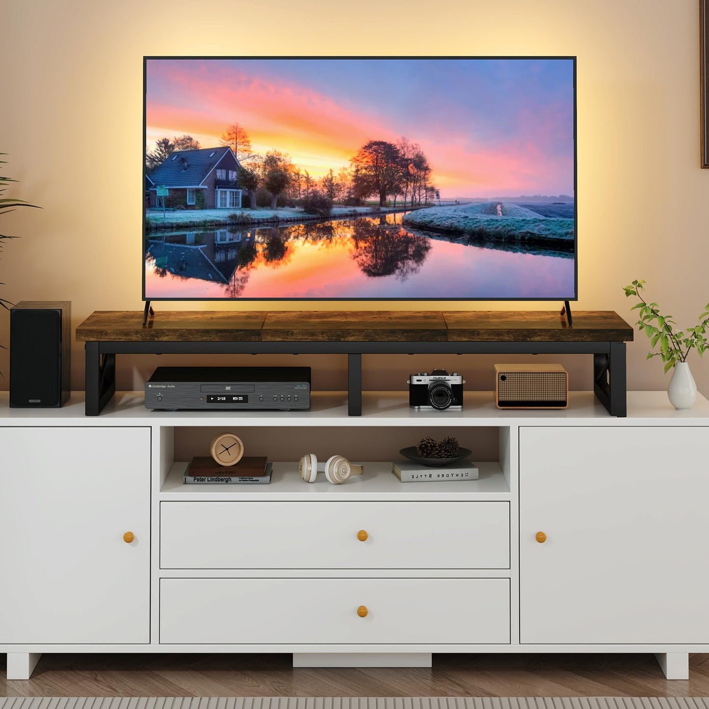 IBUYKE 45" Large TV Riser for 32-60 inch TV,Tabletop Short TV Stand with Storage and Steel Legs,Dual Screen Office Desk,Stand Riser,TV Riser Stand for Home,Bedroom,Living Room,Rustic Brown TVT002H