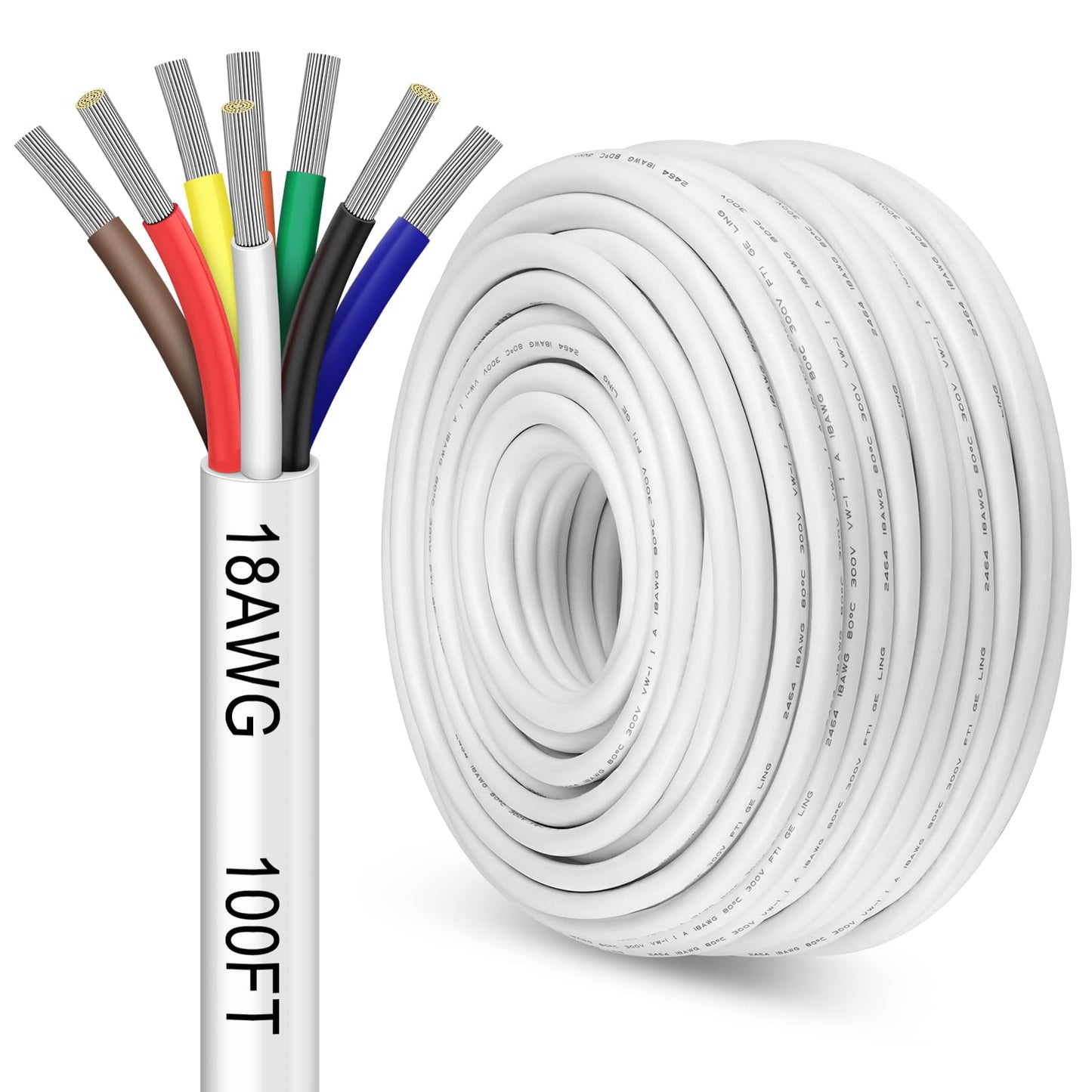 100FT 18 Gauge 8 Conductor Electrical Wire, 18AWG PVC Thermostat Wire, Low Voltage Landscape Wire for LED Lighting Strips Automotive Security Alarm Speaker, White