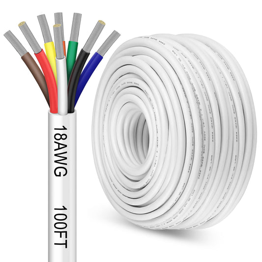 100FT 18 Gauge 8 Conductor Electrical Wire, 18AWG PVC Thermostat Wire, Low Voltage Landscape Wire for LED Lighting Strips Automotive Security Alarm Speaker, White