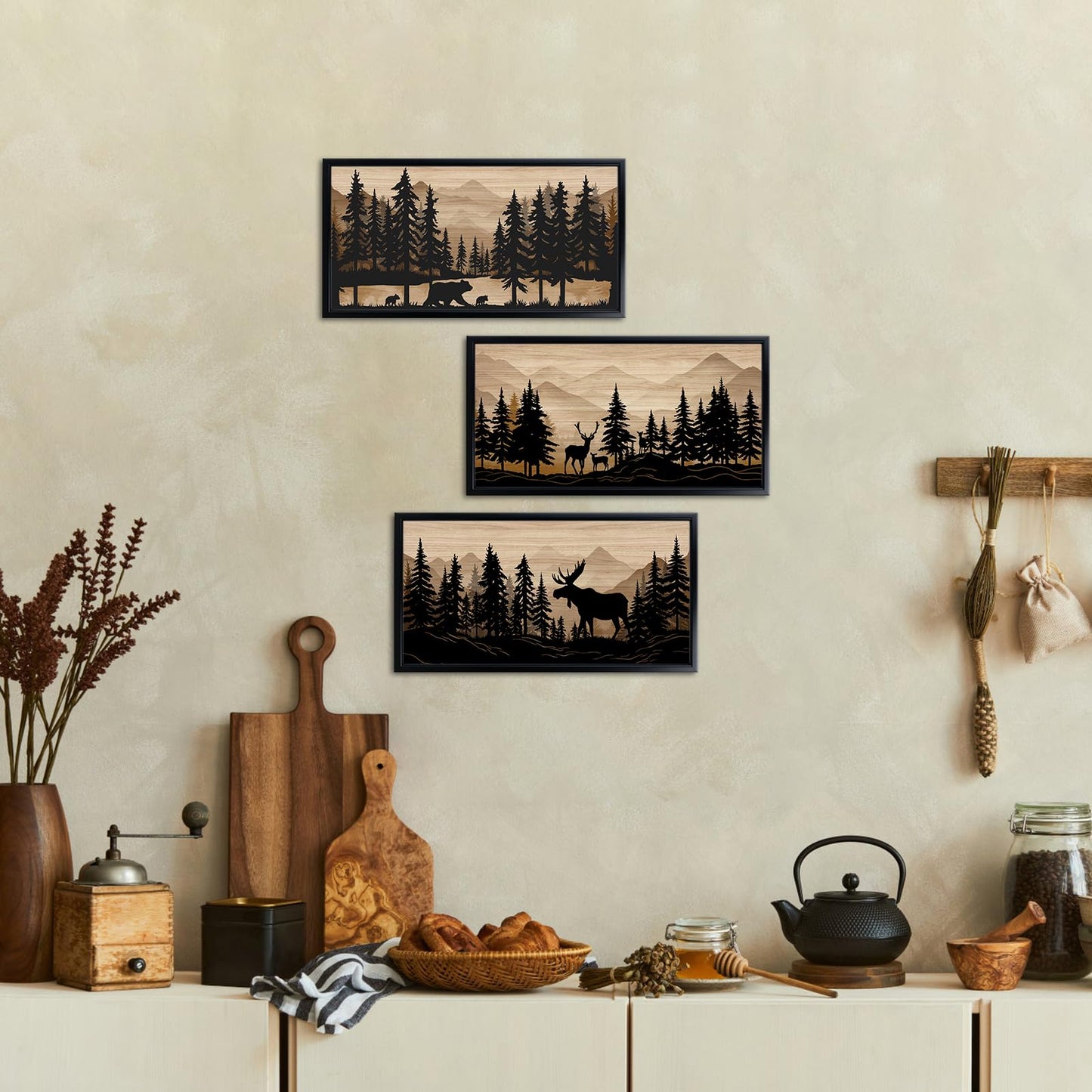 WELMECO Cabin Decor Bear Moose Deer Wall Art Rustic Home Decor Woodland Farmhouse Living Room Bedroom Bathroom Decor Forest Animal Picture, Black Framed 8x16inchx3 Pieces,Brown