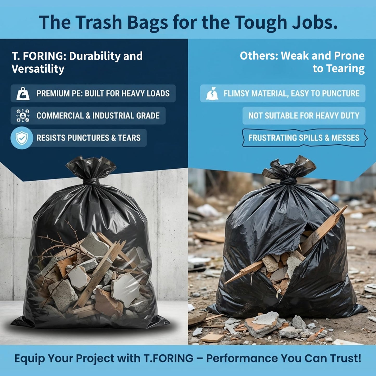T.FORING 30-35 Gallon Trash Bags Heavy Duty 1.5 Mil - 31" x 39" 100 Count Large Black Garbage Bags 30+ Gallon Strong Plastic Trash Can Liners for Home Kitchen Commercial Lawn and Leaf