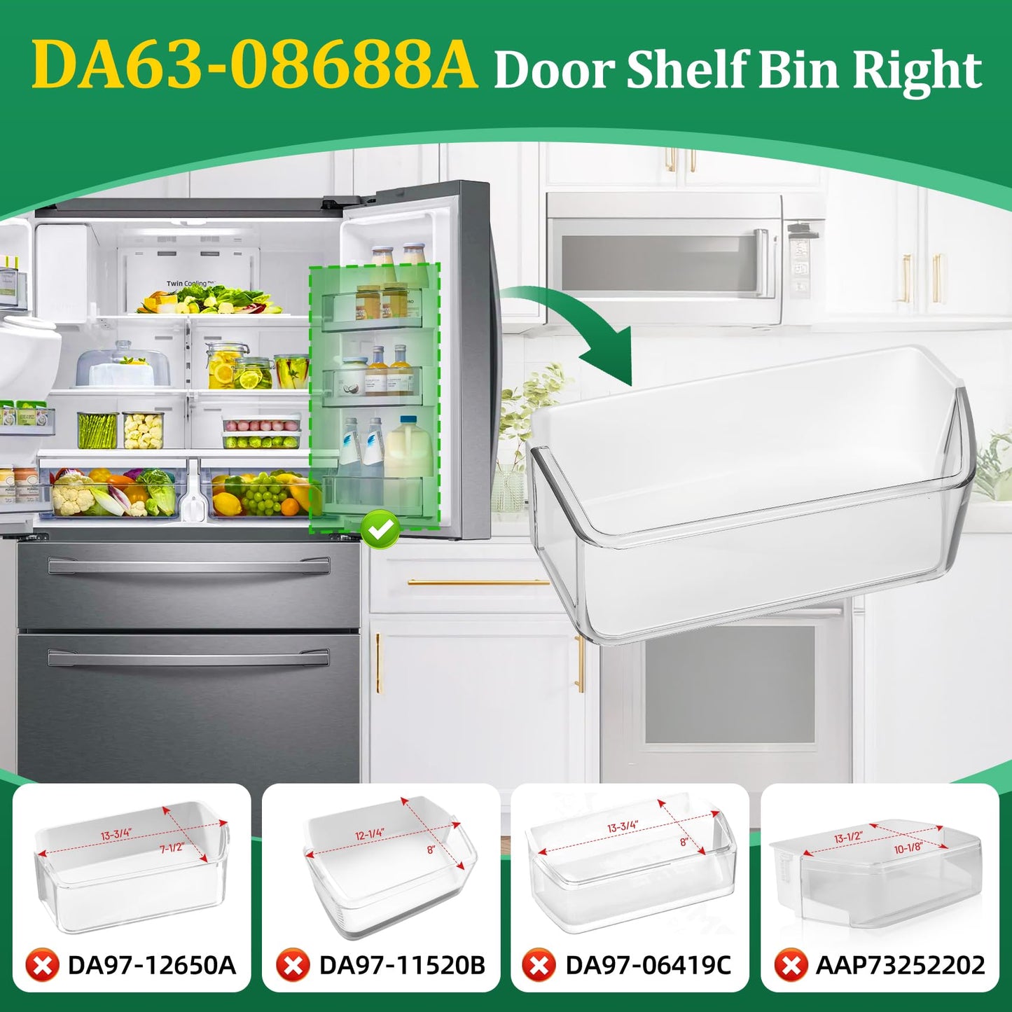 𝑵𝒆𝒘 DA63-08688A Refrigerator Door Bin, Refrigerator Door Shelf Right（1 Pack）,Fit for Samsung Door Bin RF265BEAESR RF265BEAESG RF262BEAESR, with Soda Can Organizer, Replacement for DA97-17255A