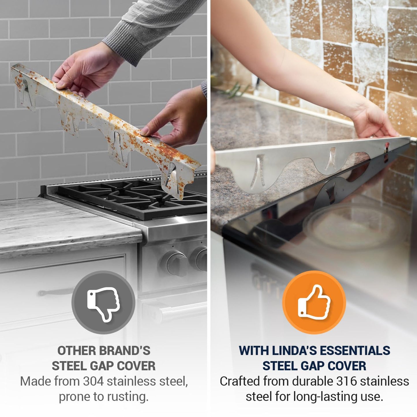 Linda’s Essentials Stove Gap Covers 316 Stainless Steel, Heat Resistant Oven Gap Filler Seals Spaces Between Stovetop and Counter, 25.4 Inches, Silver(Steel), 2 Pack