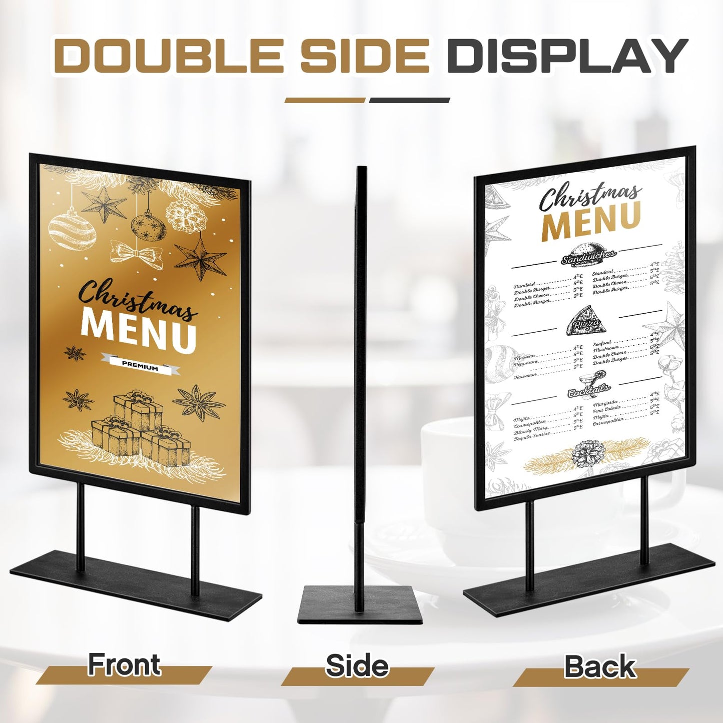 Zhengmy 1 Pcs Tabletop Sign Holder with Flat Base 11" x 8.5" Double Sided Countertop Sign Holder Vertical Desktop Display Stand Metal Poster Display Stand for Office Store Restaurant Hotels, Black