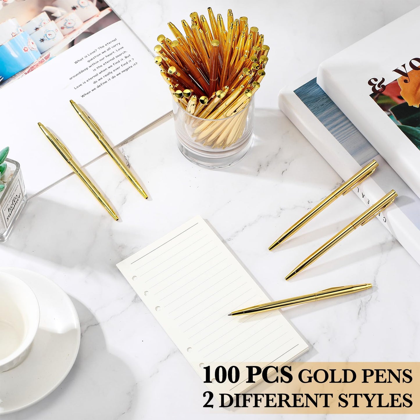 Fuutreo 100 Pack Gold Pens Bulk Gold Metal Slim Ballpoint Pens Retractable Black Ink 1.0 mm Ballpoint for Wedding Business Office Writing Supplies