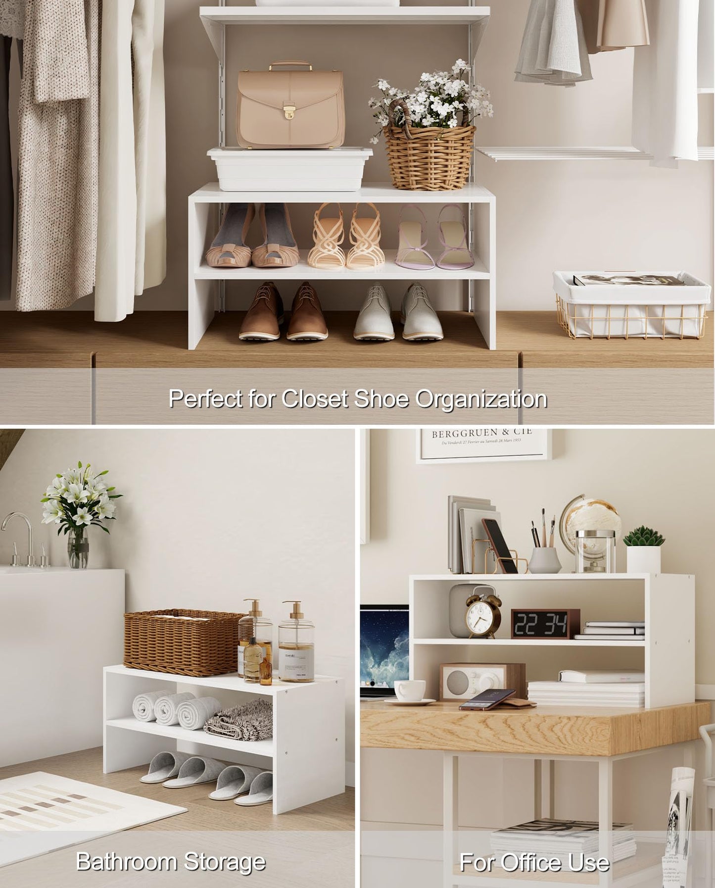 LOWOSA 2-Tier Stackable White Shoe Rack, Wooden 2-Shelf Shoe Organizer Freestanding Shoe Storage Stand for 6-9 Pairs, Perfect for Closet, Entryway, Office Use - Modern White