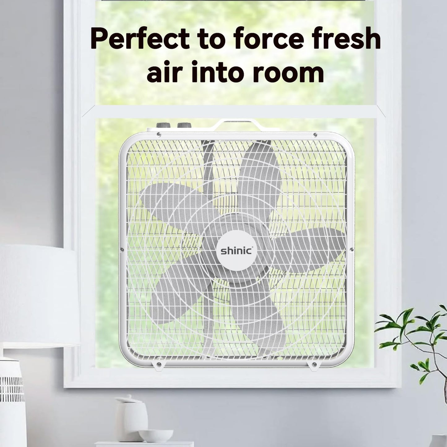 shinic 20” Box Fan with Thermostat for Bedroom, 3-Speed Portable Floor Fan with Carry Handle, Powerful Airflow, 5 Blades, Window Fan and Cooling Fan for Home, Office, Garage, Basement, White