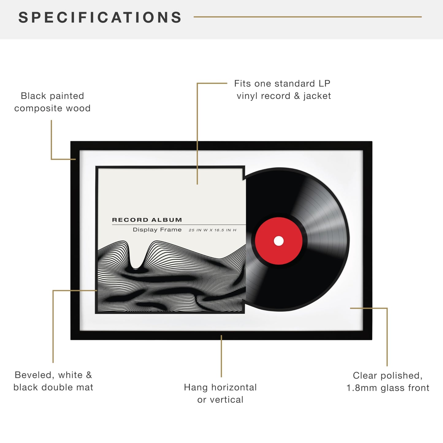 MCS Double Matte Record Album Frame, 16.5x25 Record Frame, Black Frame for LP Vinyl Record & Jacket Display with Black Matting (1-Pack)