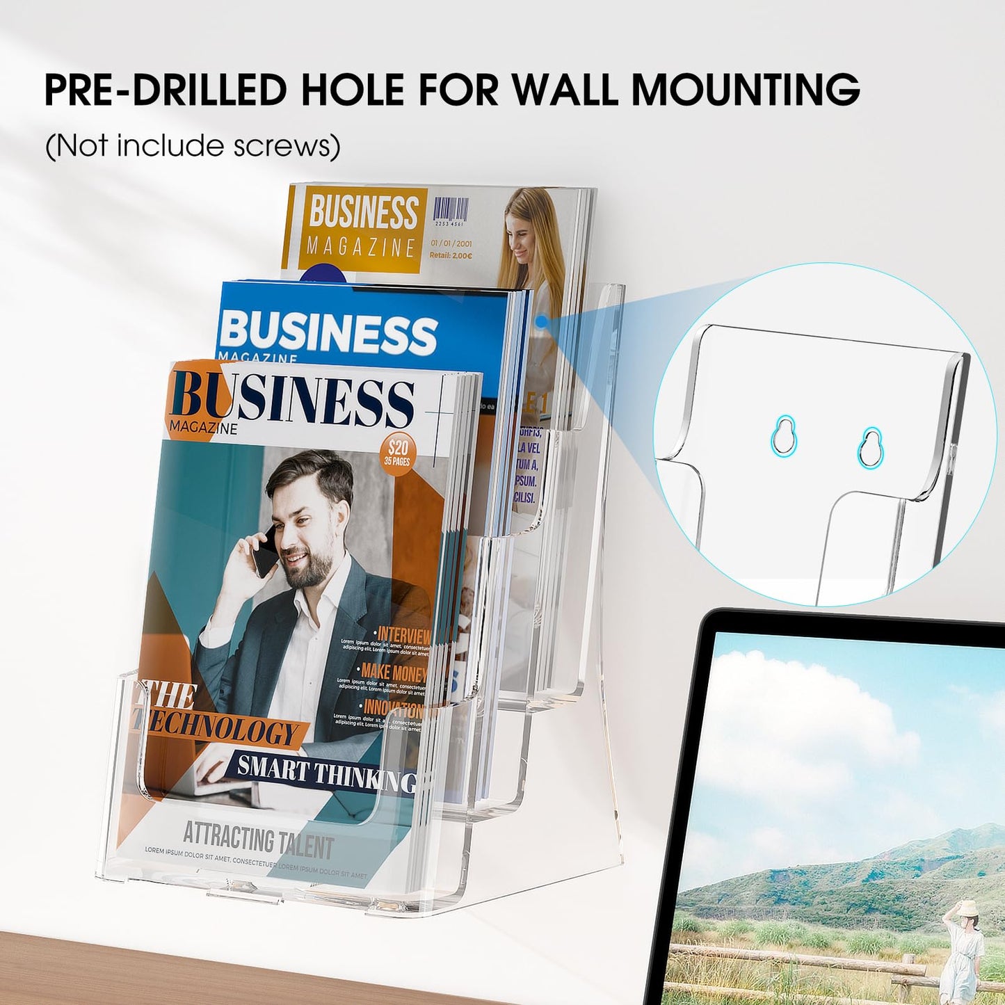 KTRIO Acrylic Brochure Holder 8.5 x 11, 3 Tier Literature & Pamphlet Organizer with Removable Divider for 4 Inch Flyers, Clear Display Stand for Desk & Wall Mount, 2 Pack