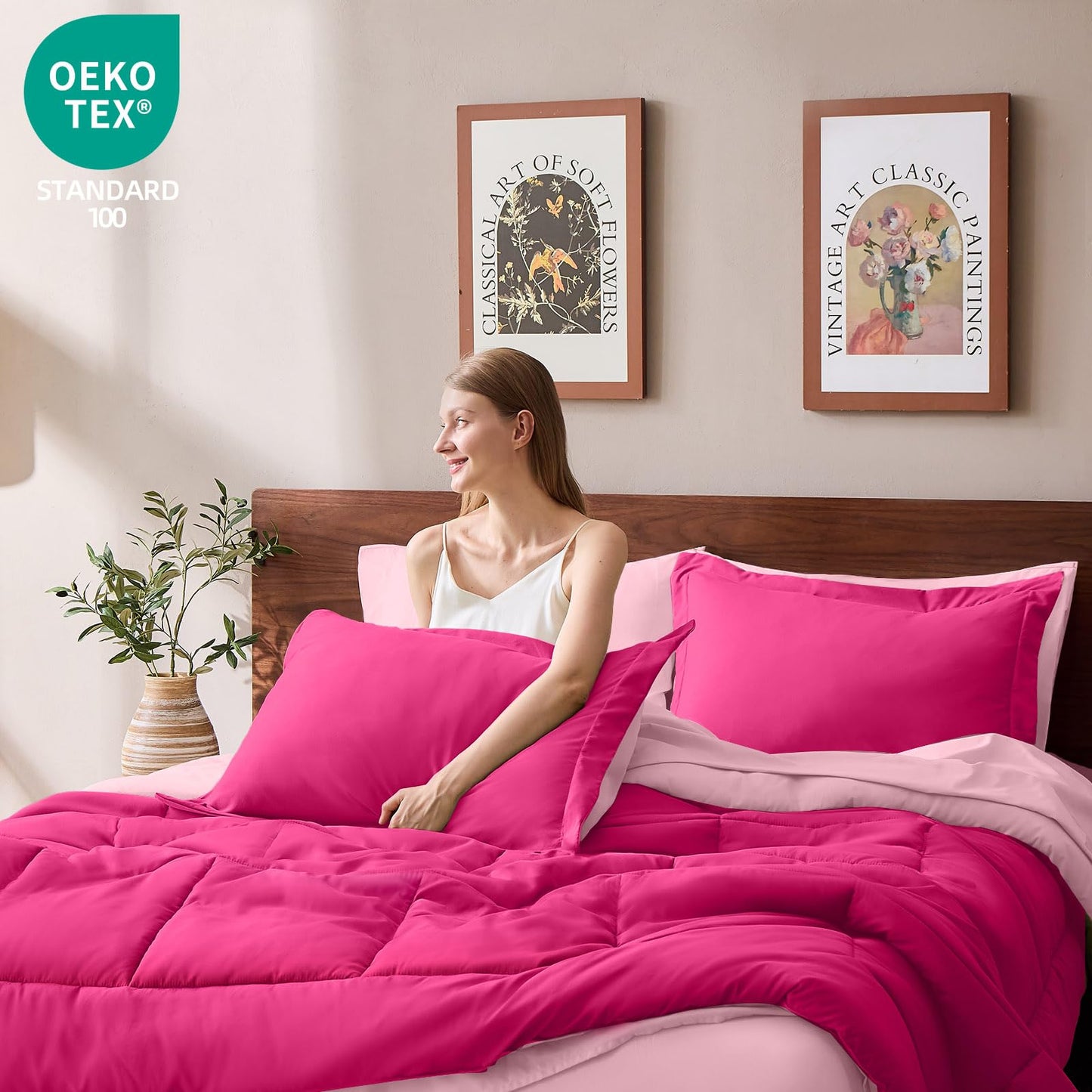 FUANNA Queen Comforter Set 7 Pieces, Reversible Queen Size Bed in a Bag with All Season Soft Comforter, Bedding Sets Includes Comforter, Flat Sheet, Fitted Sheet, Pillowcases & Shams, Hot Pink & Pink