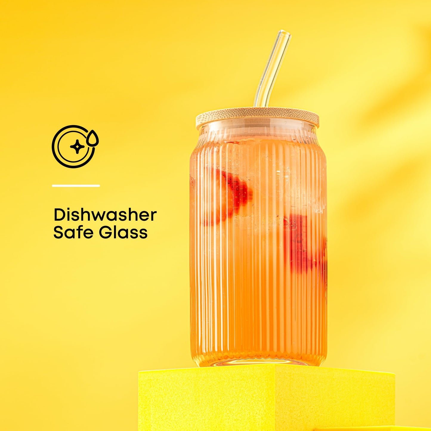 JoyJolt Fluted Glass Tumblers with Bamboo Lids and Glass Straws, Ribbed Can Shaped Drinking Glasses Set of 4, 16oz Cup with Lids and Straws, Iced Coffee Cups, Cocktail/Beer Glasses, Tea Cups