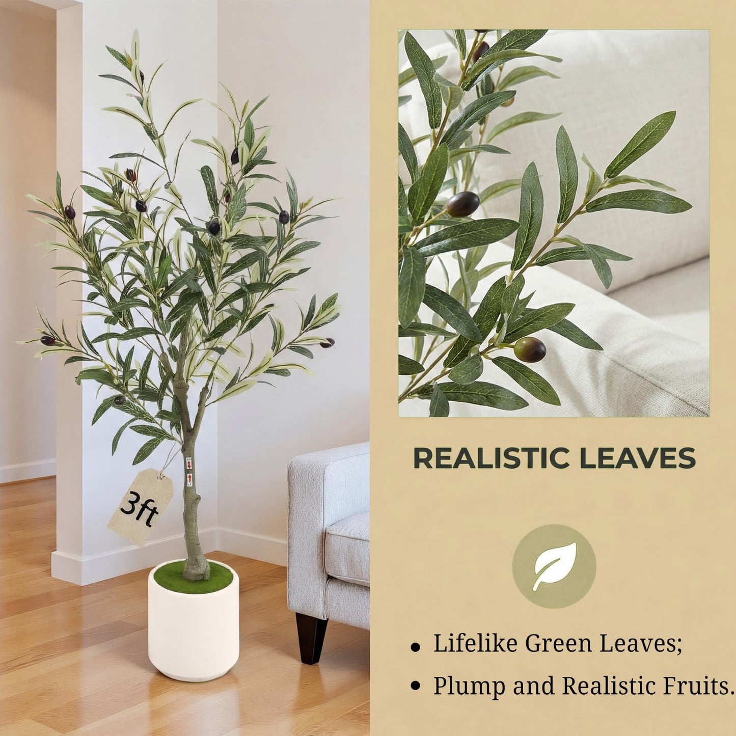 Huhemy 3FT Spherical Fake Olive Tree Artificial Indoor,Faux Olive Tree with Pot,Large Olive Branches and Lifelike Fruits,for Home Office House Living Room Decor.