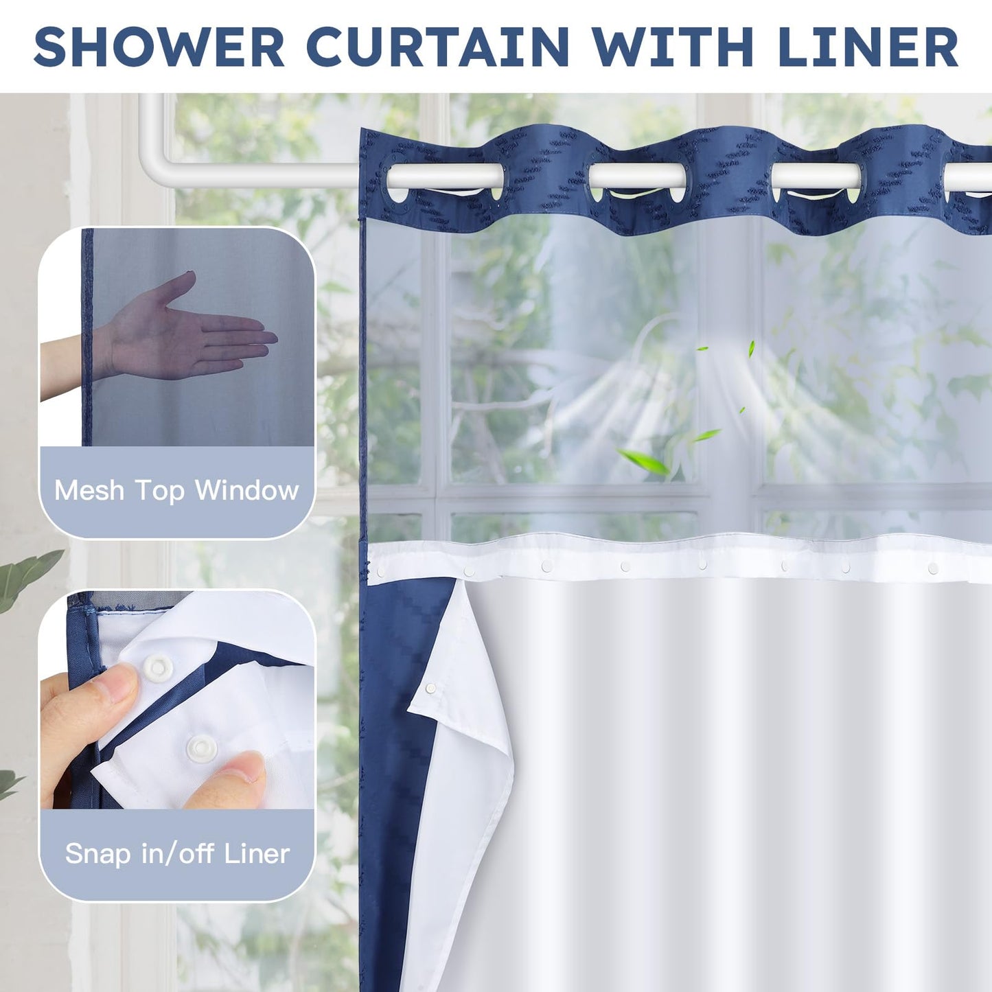 FADOTY No Hook Shower Curtain and Snap in Liner Set Navy Blue Tufted Chevron Striped Cloth Waterproof Washable Fabric Boho Bath Curtain with See Through Mesh Top Window for Bathroom Hotel 71" x 74"
