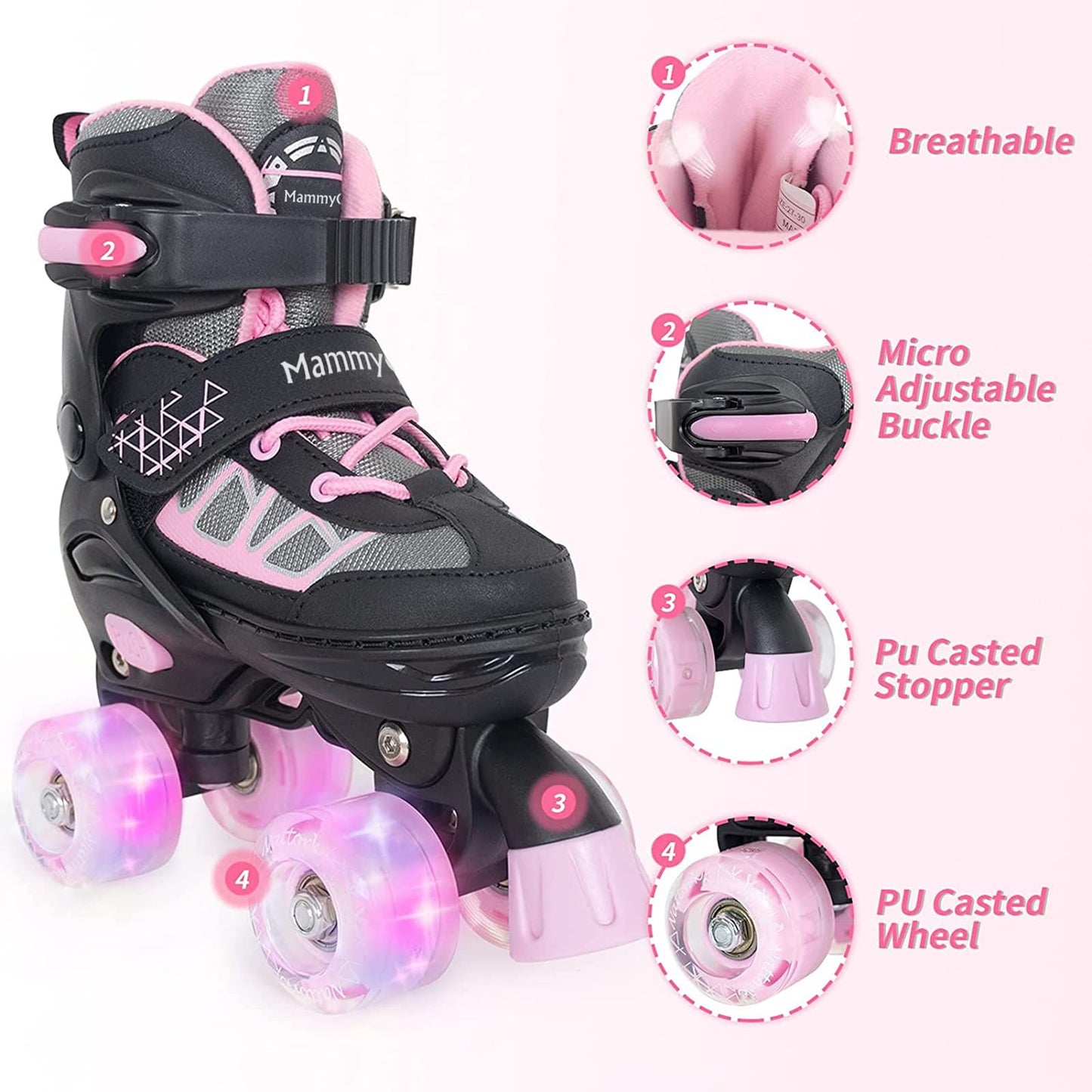 MammyGol Roller Skates for Kids Boys Girls, Adjustable Quad Skates with Light Up Wheels for Toddler Little Kids Ages 6-12 Size 13C 1 2, Beginners Outdoor Sports, Pink