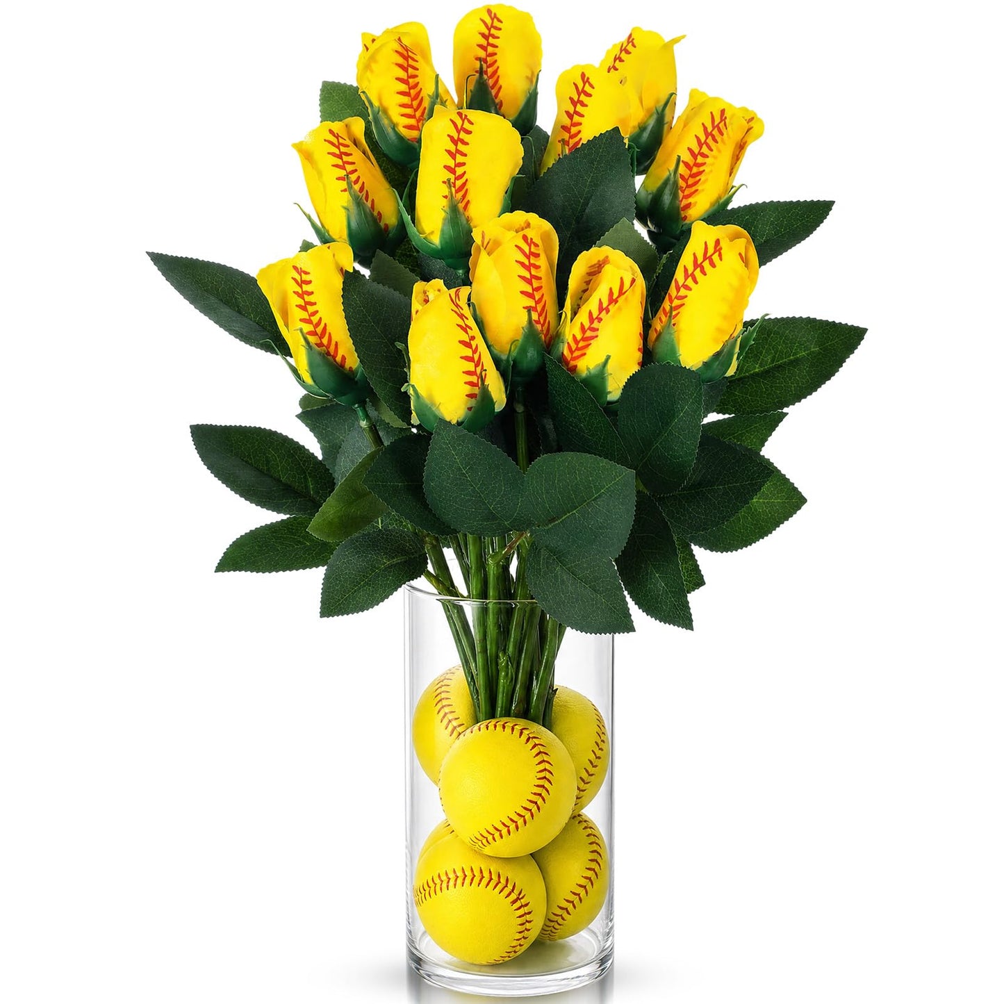 Suhine 12 Pcs Softball Rose Bulk Artificial Baseball Gifts Flower Decor for Graduation Wedding Party Sports Theme Bouquet Gift for Girl Coach Team Player Fan
