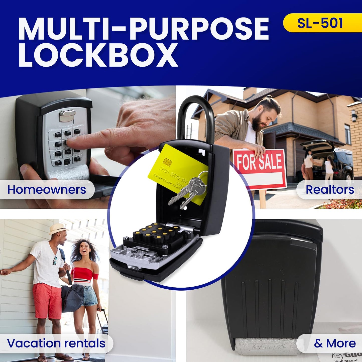 KeyGuard SL-501 Punch Button Lock Box | Portable Shackle LockBox For Outside - Fits House Keys, Car Keys, Fobs, & More | Keypad Safe Box, Digital Push Button Combination Lock | Black Finish