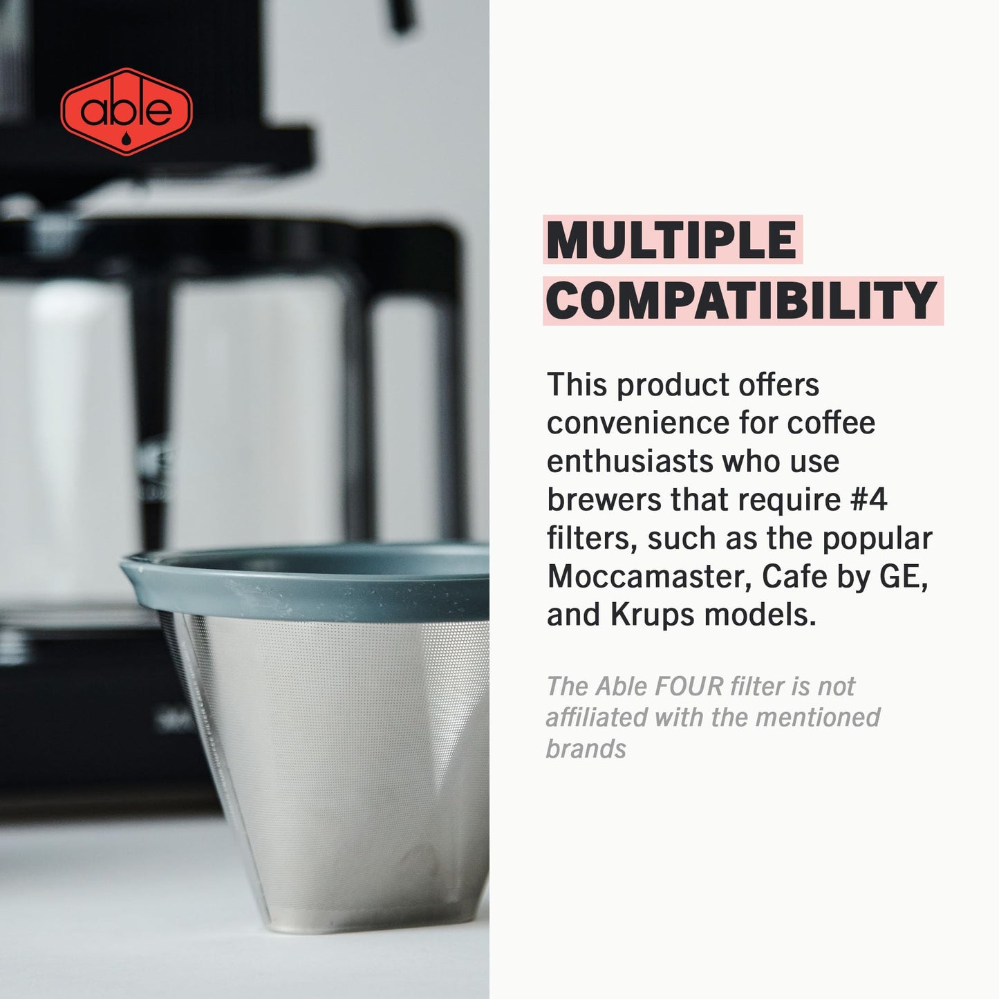 Able NUMBER FOUR: Precision Reusable Coffee Filters, Durable Metal Coffee Filter Compatible with Any Number 4 Brew Basket, Brewing System Accessory, Optimizes Extraction, Reduces Sediment, Pack of 1