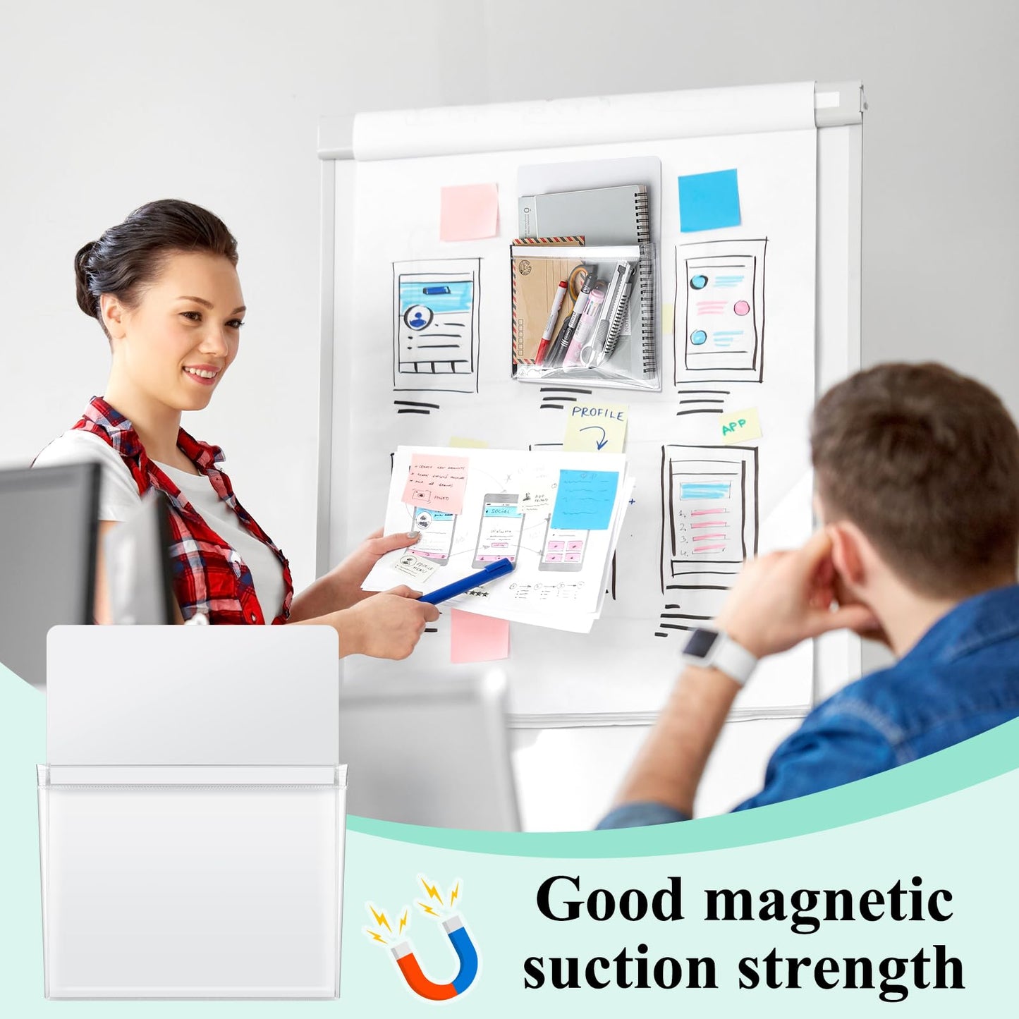 Henoyso 10 Pcs Magnetic File Holder Paper Holder Magnetic Pen Dry Erase Marker Organizer Fridge Pocket Organizer for Whiteboard Refrigerator, 12 x 9.5 in (White)