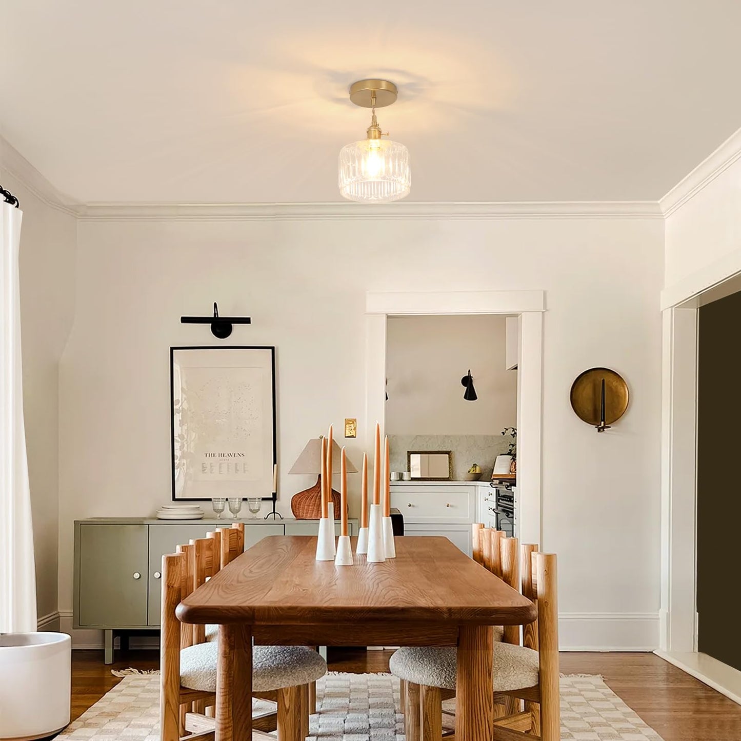 Shenmoyl Pendant Light with Clear Striped Glass Lmapshade, Brass Vintage Pendant Light Adjustable Hanging Light for Kitchen Island Dining Room Hallway