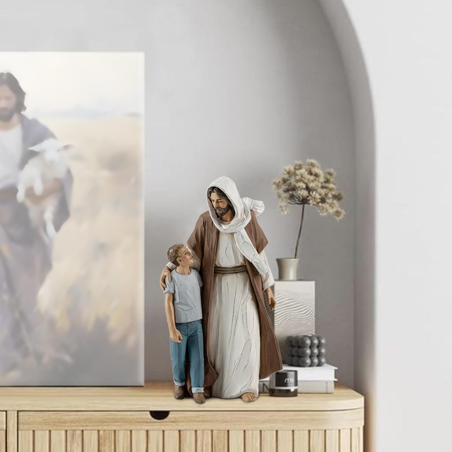ShineOnAngel Jesus Christ with Child, First Communion boy Gift He Walks with me Sculpture, Hand Painted, Religious Modern Home Decor, Christian Figurines, 9.5 Inch