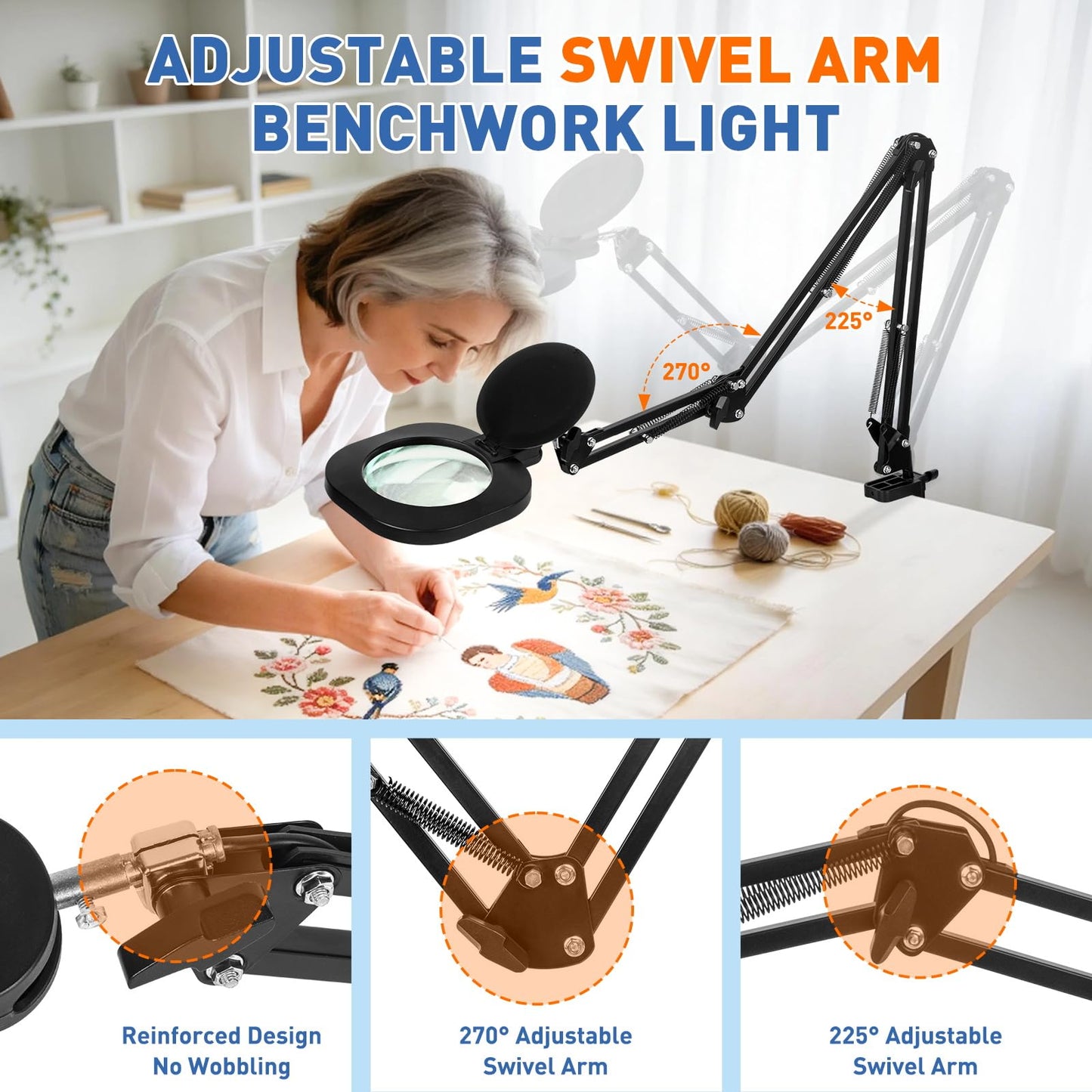 12X Large Ultra Long Magnifying Glass with Light and Clamp, 5-Inch Real Glass, 5 Color Modes, Stepless Dimmable, Hands Free LED Lighted Magnifier Stand for Workbench,Craft, Reading, Cross Stitch