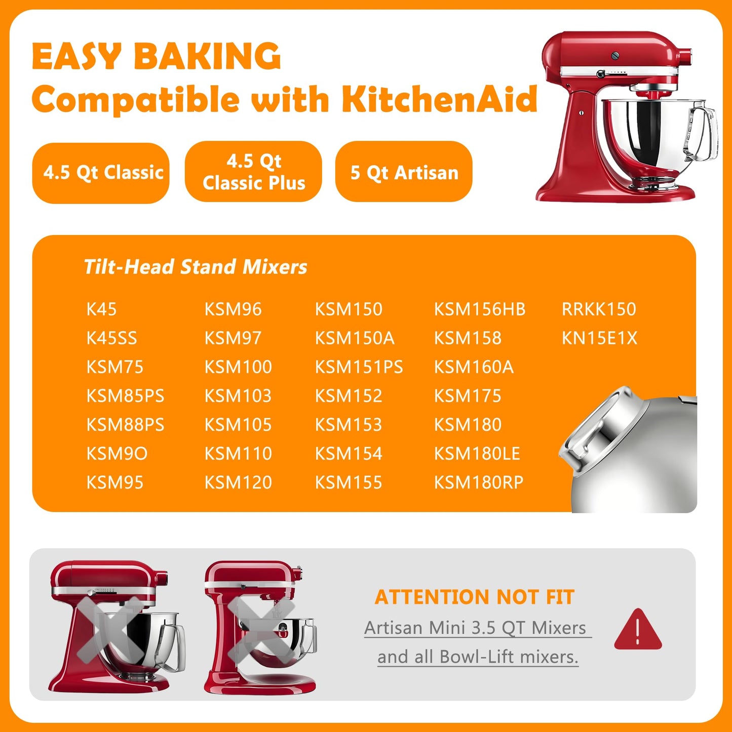 5 QT Mixer Bowl with Lid for KitchenAid Tilt-Head Stand Mixers, Food-Grade Stainless Steel Mixing Bowl Replacement with Anti-slip Handle and Splash-proof Cover, Dishwasher Safe, Artisan&Classic Series