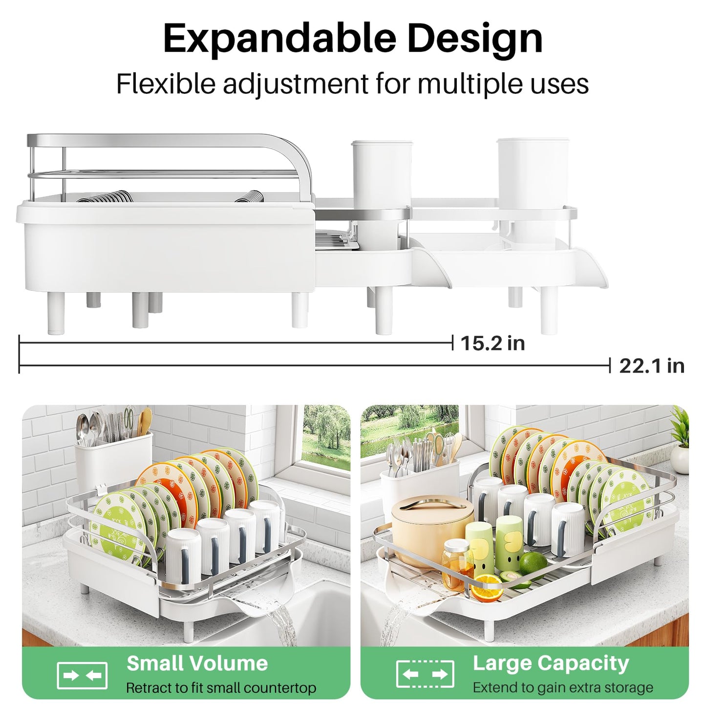 SAYZH Dish Drying Rack - Expandable Dish Rack for Kitchen Counter, Rust-Resistant Dish Drainer with Utensil Holder and Raised Guardrail, Kitchen Organizer for Cup and Bottle (White)