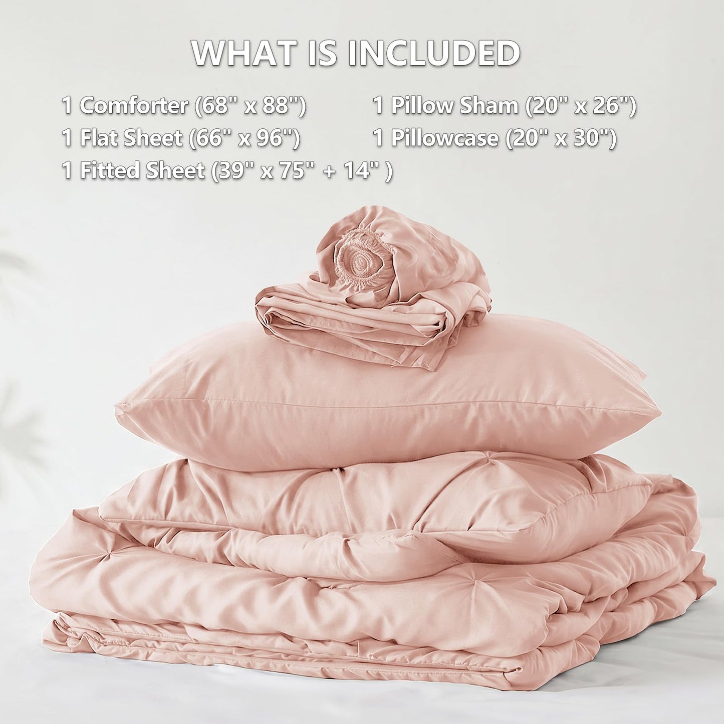 CozyLux Twin Comforter Set with Sheets Peach Pink, 5 Pieces Pintuck Bed in A Bag, All Season Bed Set Gift for Girls and Boys, Pinch Pleat Bedding Set with Comforter, Sheets, Pillowcase & Sham