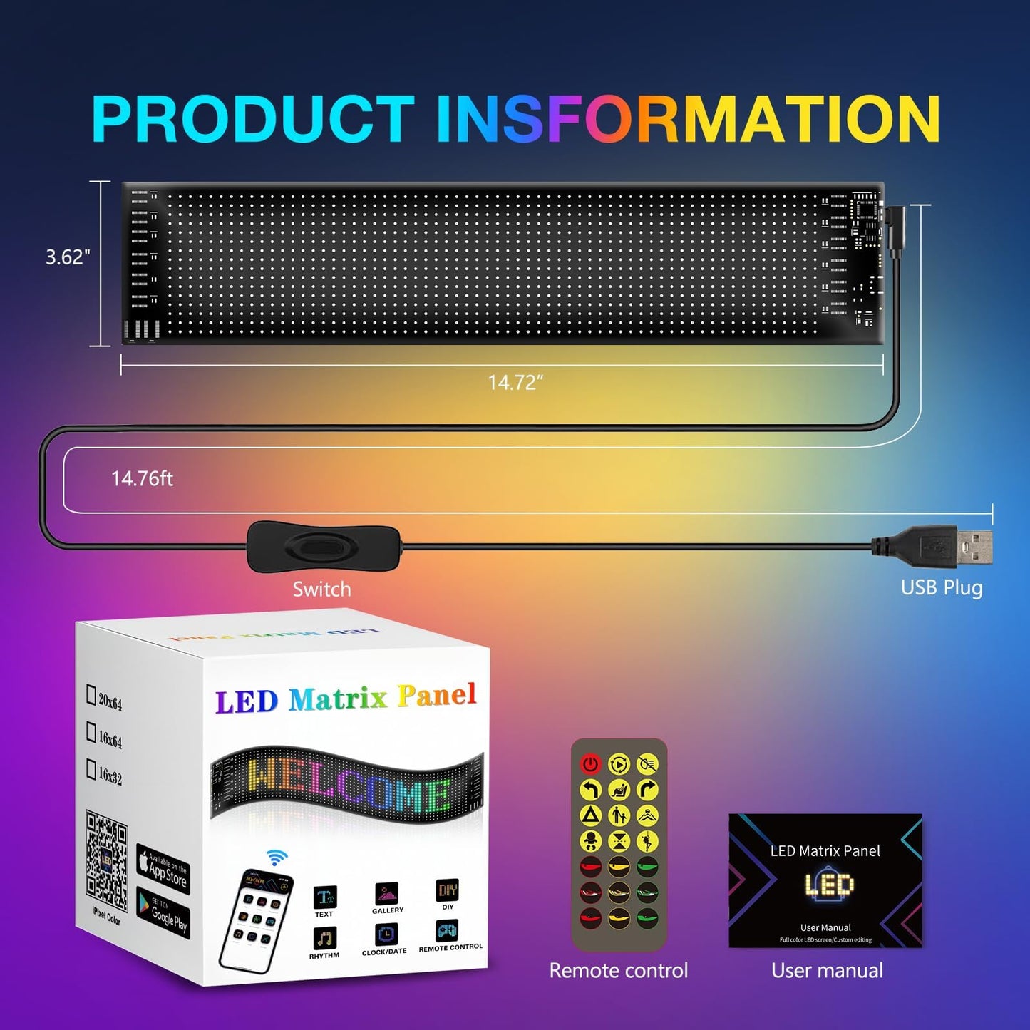 Programmable Led Sign Scrolling Display- Flexible USB 5V Digital Rgb Matrix Panel with Bluetooth App Control, Custom Text, Graphic Dimmable Light Up Board Signage for Car, Shop, Advertising(15"x4")