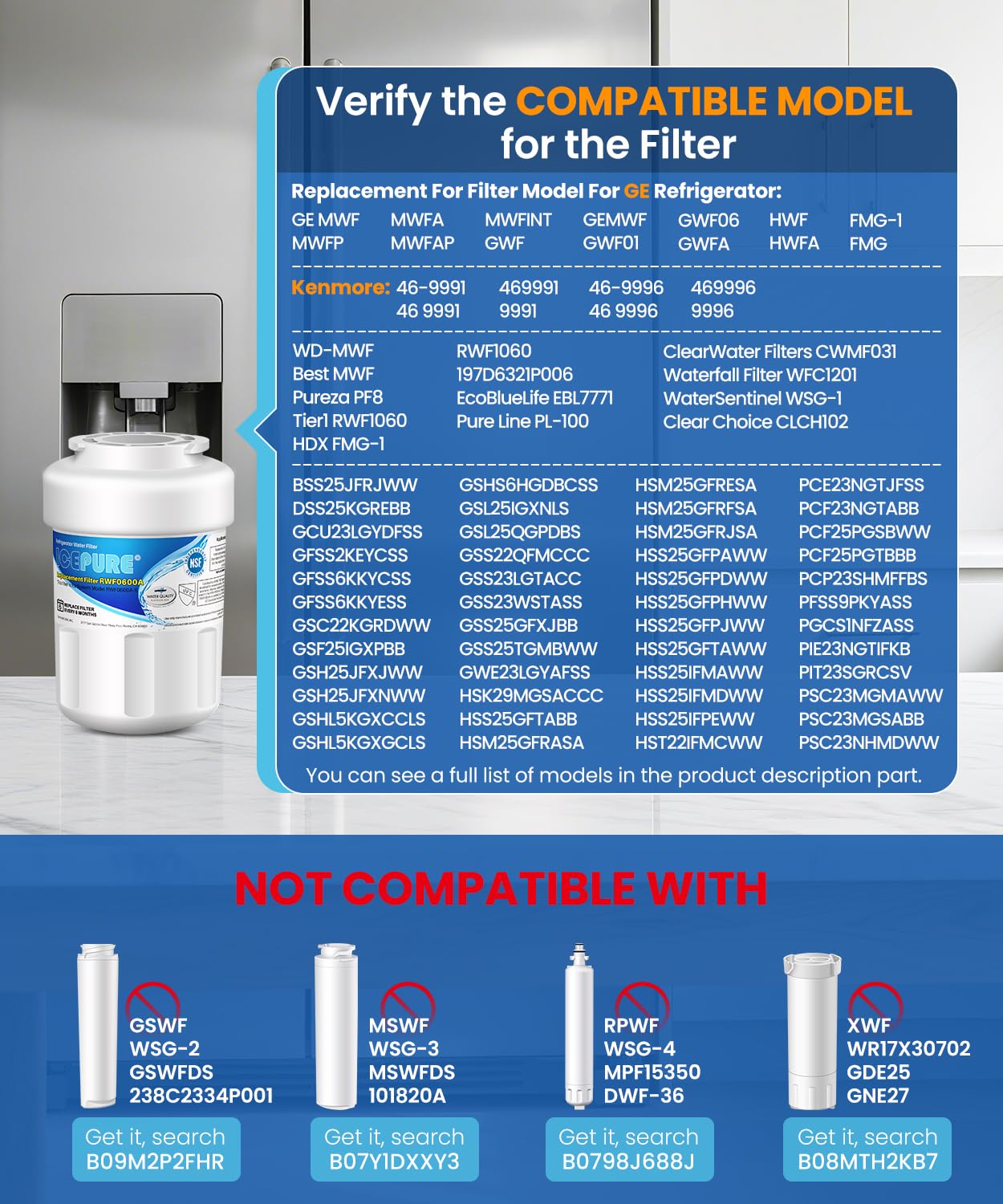 ICEPURE RWF0600A Replacement for GE MWF, MWFP, 197D6321P006, WFC1201, MWFA, PC75009, HDX FMG-1, GSE25GSHECSS, 46-9996, GSH25JSDDSS, PSHS6PGZBESS, GWF, SGF-G9, RWF1060 Refrigerator Water Filter 4PACK