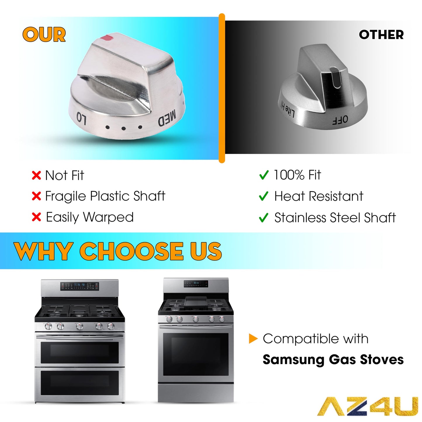 AZ4U 5Pcs DG64-00473A Range Burner Dial Knob Range Oven Knob Compatible with Samsung Gas Range NX58F5700WS NX58K7850SS NX58H5600SS NX58J7750SS NX58M6850SS NX58H5650WS (Full Metal)