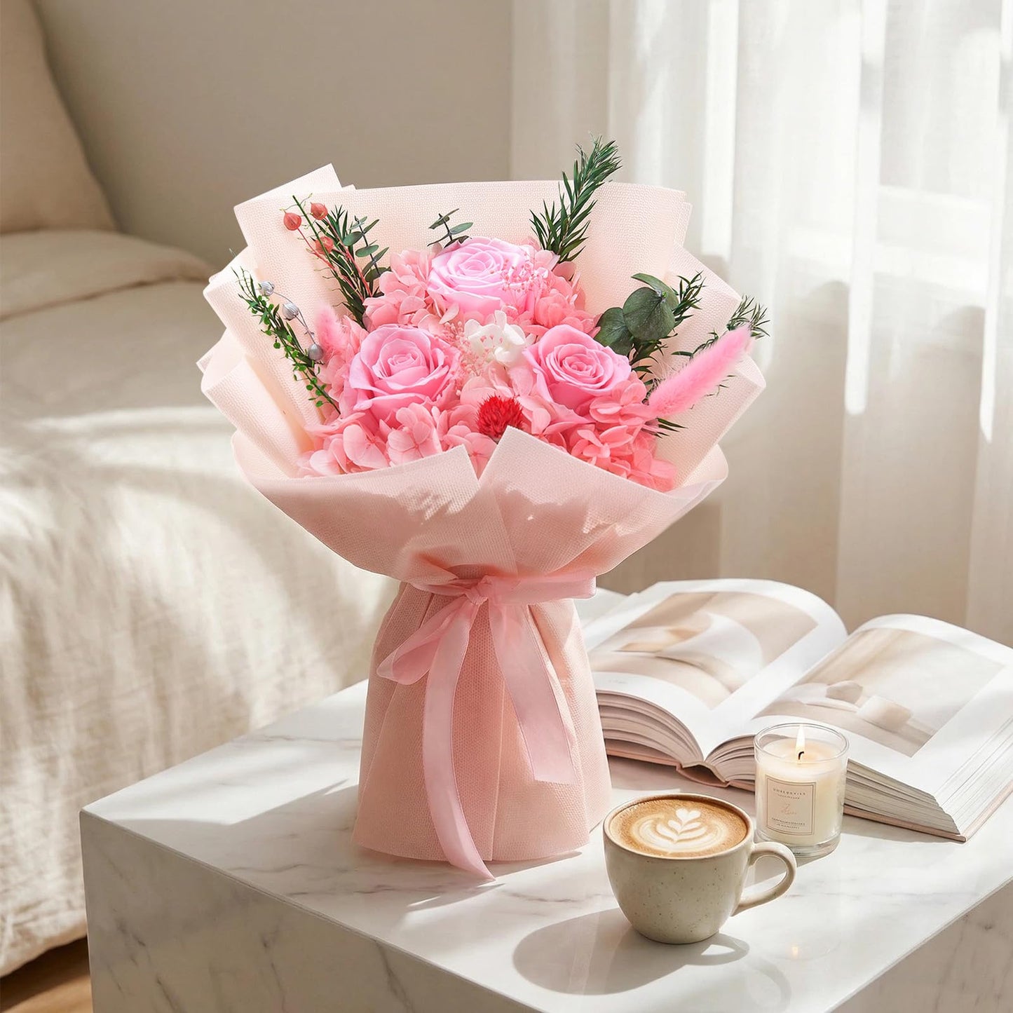 Gnifot Preserved Flowers Bouquet, Flowers for Delivery,Handmade Pink Rose Bouquets Lasting 3-5 Years, Luxury Gift Box,Birthday Flowers Gifts for Women Mom Grandma Wife Friends