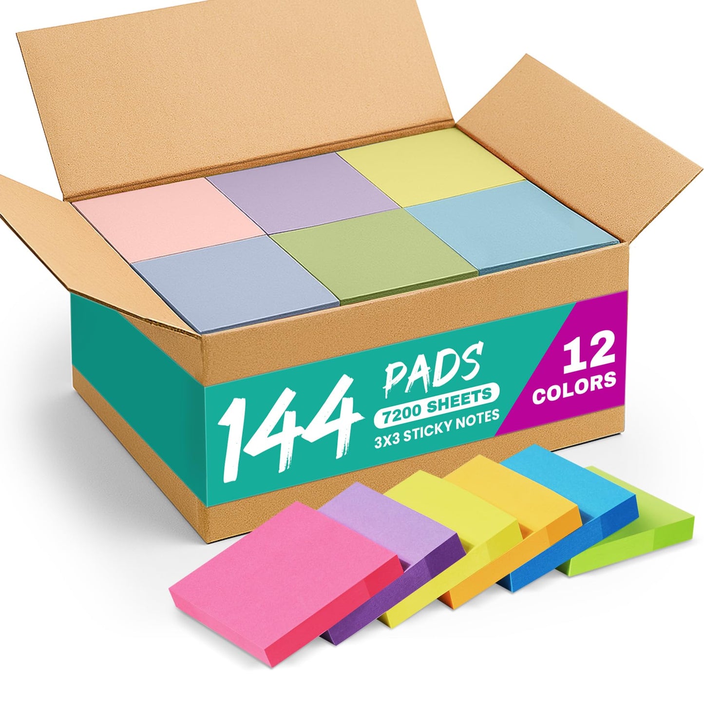 Sticky Notes, 144 Pads, 3x3 Inches Self-Stick Note Pads, Perfect for Office, Study, and Daily Life Organization - Bright