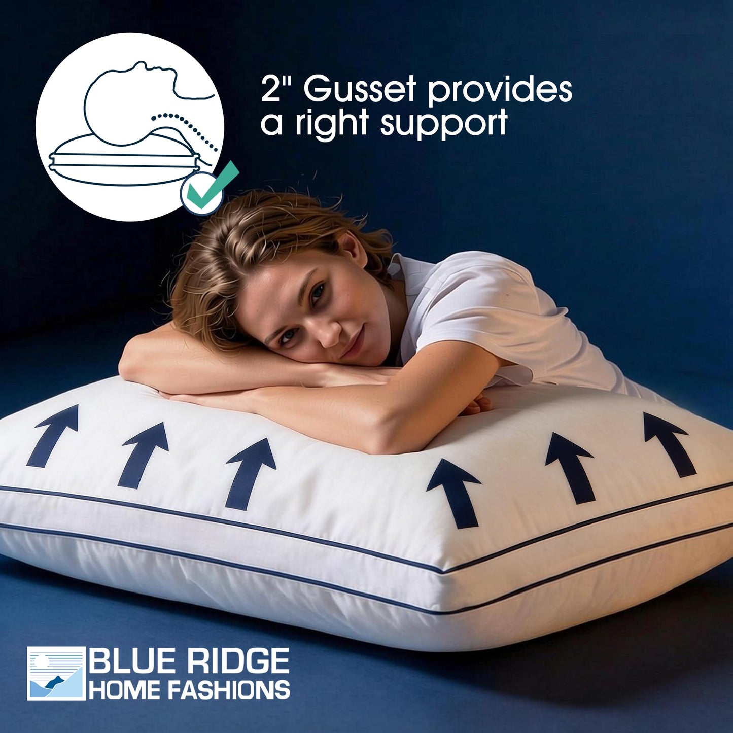 Blue Ridge Home Fashions Hotel Collection Pillows Queen Size Set of 2, Medium Soft Down Alternative Fill with Gusseted Design, Breathable 400 Thread Count Cotton Cover for All Sleep Positions