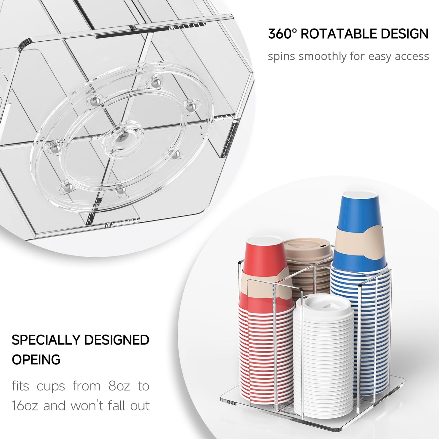 KOTEMON Cup and Lid Holder, 4 Compartment, Square | Rotating Coffee Cup Dispenser Lid Carousel for Restaurant, Buffet, Coffee Station, Bar, Countertop, Clear Acrylic