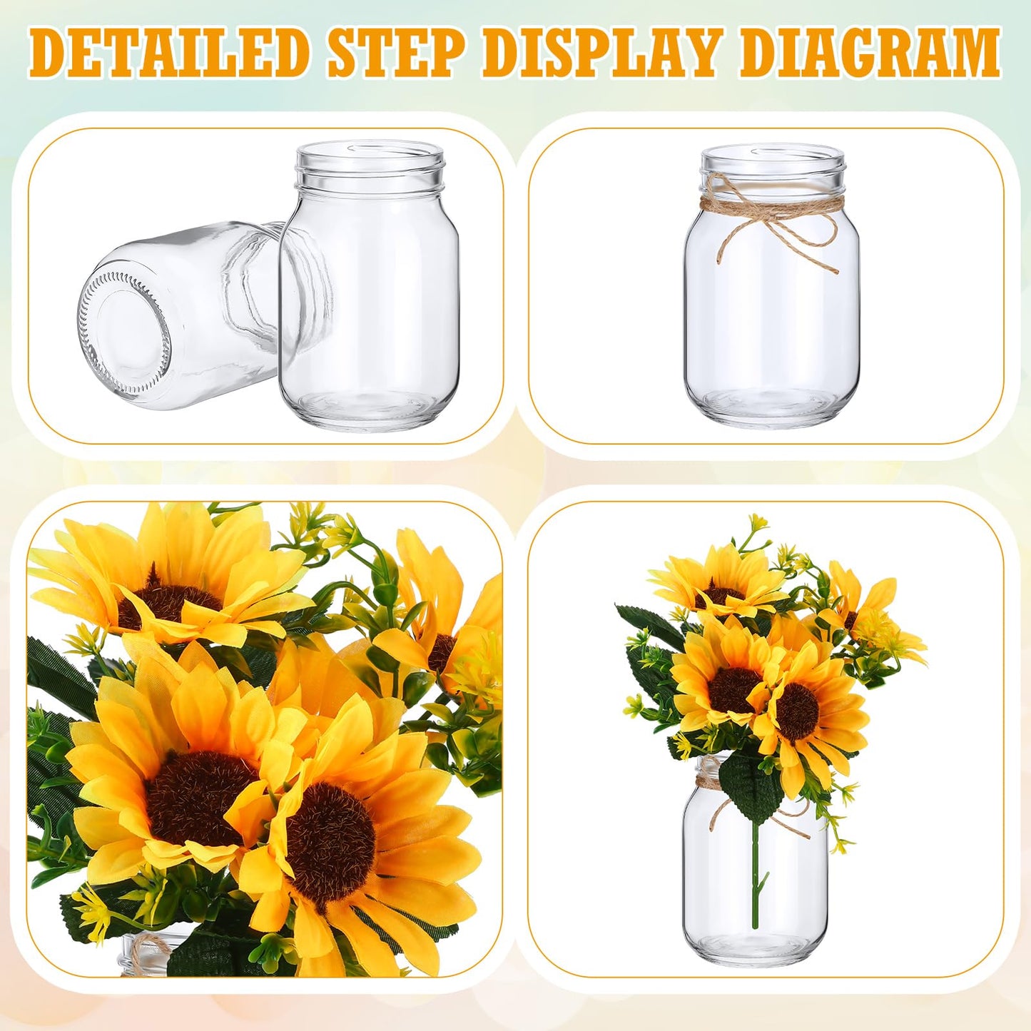 XunYee 10 Set Mason Jar Table Centerpiece with Flower Mason Jar Flower Centerpiece Vases Decor for Engagement Party Bridal Shower Wedding Reception Table Decor(Orange,Sunflower)