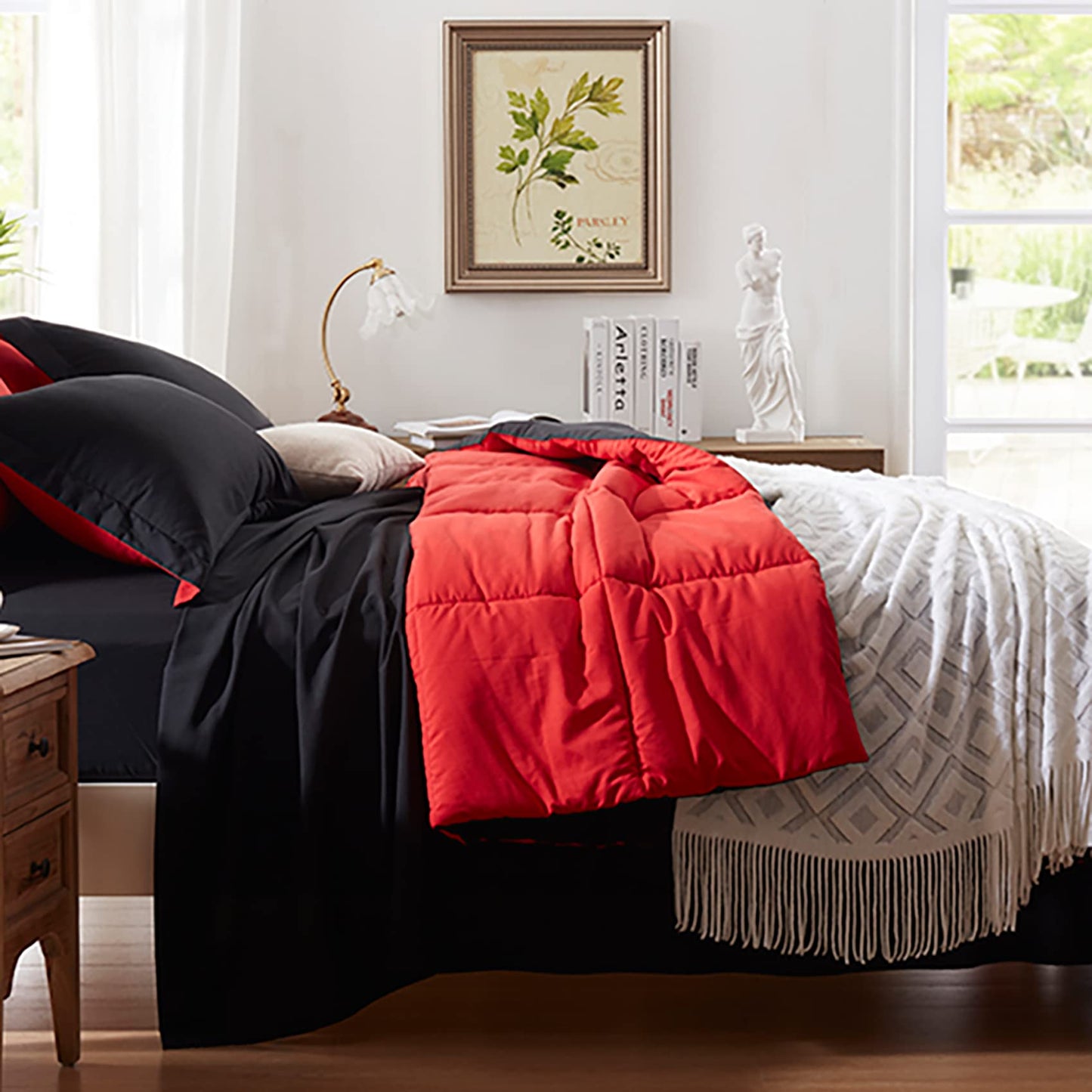Anluoer Queen Comforter Set 7 Piece, Reversible Bed in a Bag Queen Size, Soft Bedding Set with Comforter(88"X88"), 2 Pillow Shams, 2 Pillowcases, 1 Flat Sheet, 1 Fitted Sheet, Red & Black