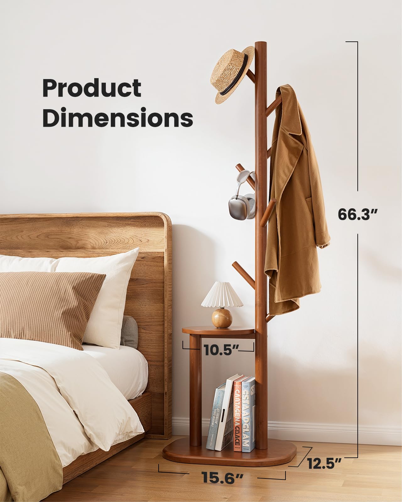 Pipishell Coat Rack, Freestanding Hall Tree with 8 Hooks & Storage Shelf, Solid Wood Base, 66.3″ Tall Coat Rack Stand for Coats, Hats, Bag in Entryway, Bedroom, Living Room, Brown, PIFCR11BN