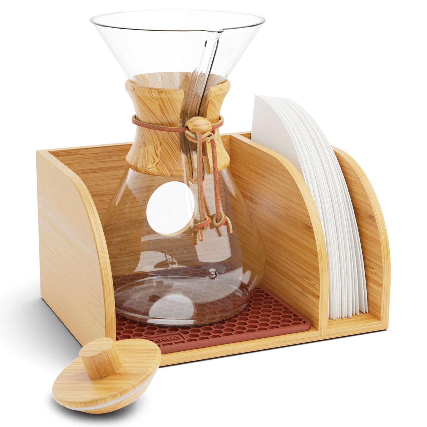HEXNUB Caddy and Lid for Pour Over Coffee Maker, Bamboo Stand fits Chemex, Bodum, Cosori Coffee Carafes, Heatproof Mat, Filter Holder (Brown Silicone Mat + Lid)