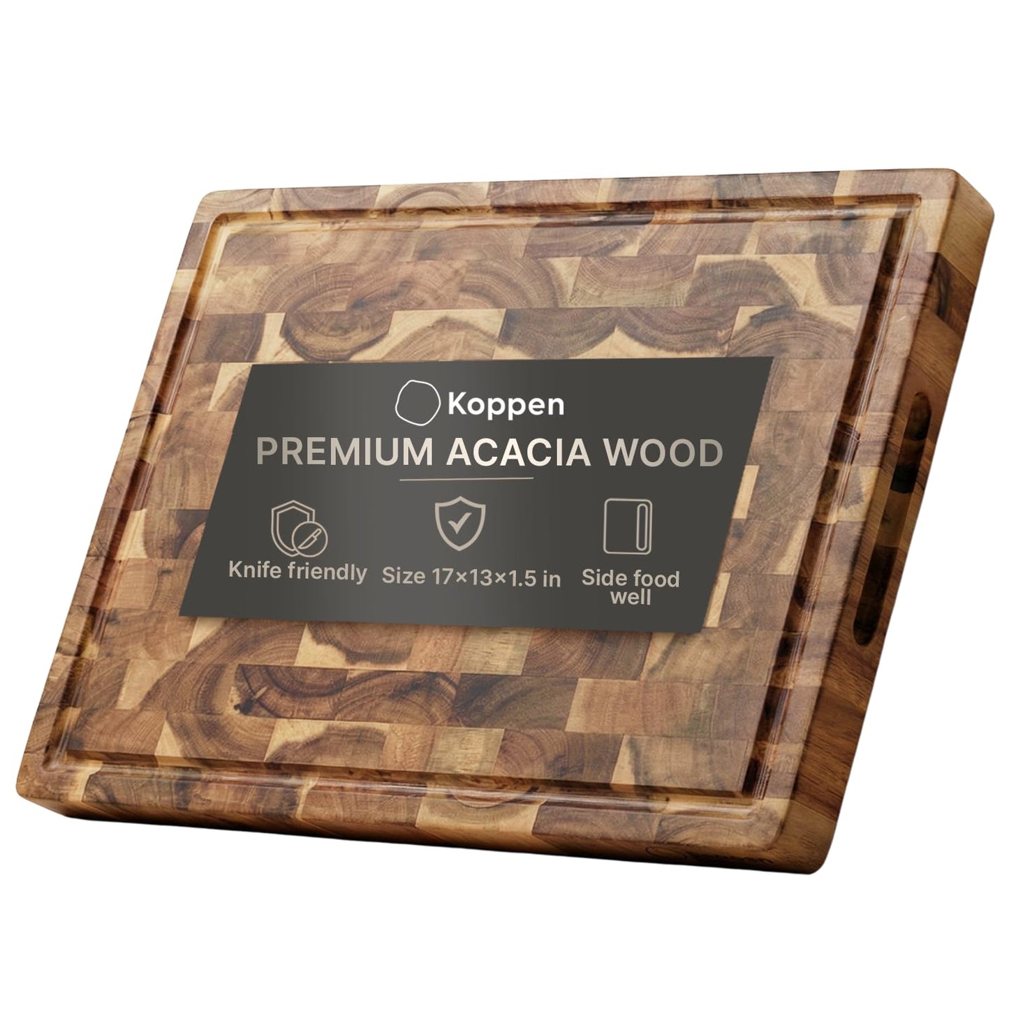 Koppen Acacia Wood End Grain Cutting Board, Knife-Friendly Butcher Block with Juice Groove, Inner Handles, Food Well, Reversible Heavy-Duty Serving & Chopping Board, Gift Box Included, 17 x 13 x 1.5in