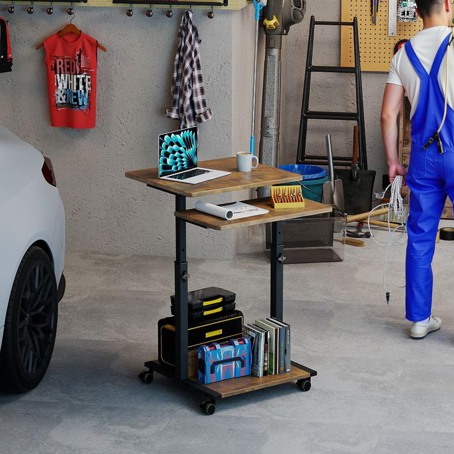 Funecy Small Standing Desk with Wheels,Small Mobile Computer Desks Adjustable Height, Portable Standing Office Desks,Computer Workstation for Home Office(Rustic Brown)