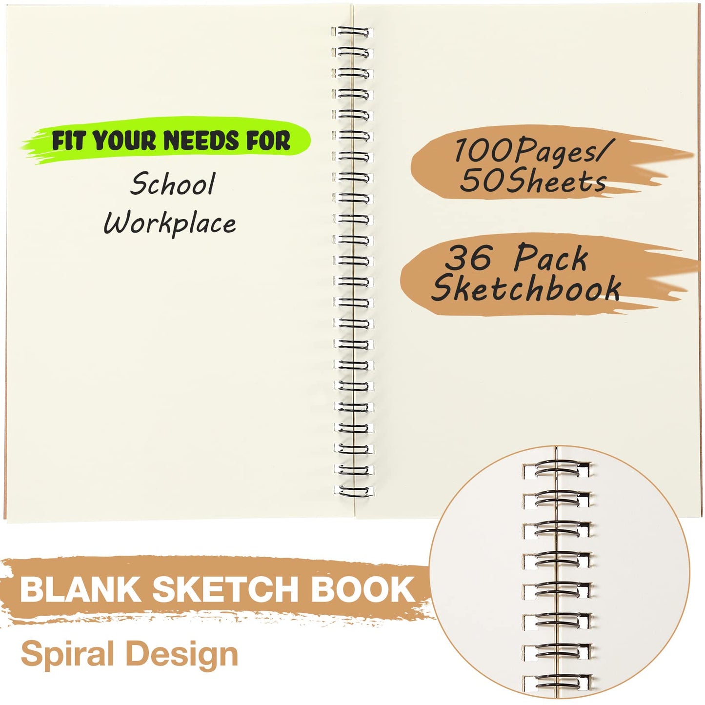 Epakh 36 Pack Blank Spiral Notebook Unlined Notebook Bulk A5 Soft Cover Students Sketchpads Memo Notepad for Drawing Art Back to School Gifts 100 Pages/ 50 Sheets, 8.3 x 5.5 Inches(Brown)