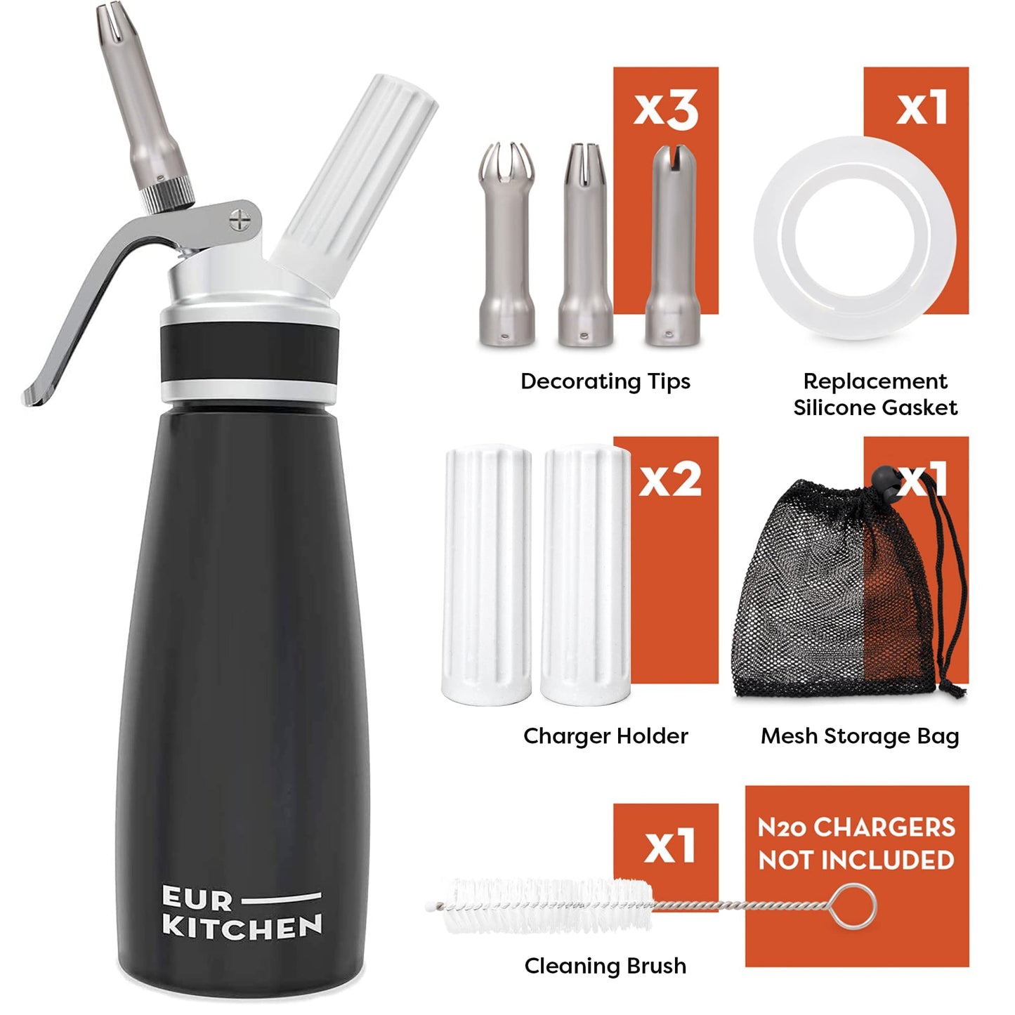 EurKitchen Professional Aluminum Whipped Cream Dispenser - Leak-Free Whip Cream Maker Canister with 3 Decorating Nozzles & Cleaning Brush - 1-Pint / 500 mL - N2O Chargers (Not Included)